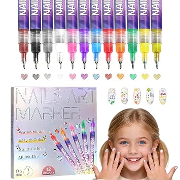 12 Colors Nail Art Pens Set Quick-Dry Nail Polish Pens for Kids and Women | Safe and Odorless, Waterproof, Even Ink Flow, Ultra-Fine Tip, Rich Color Selection, Creative Diy Nail Designs