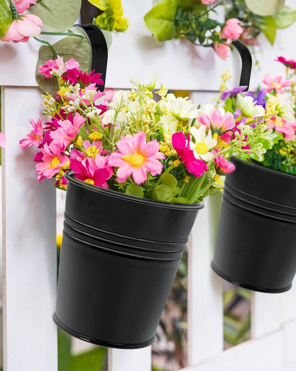 12 Pack Railing Planter for Outdoor Plants - 4 Inch Small Balcony Hanging Flower Pots with Detachable Hooks and Drain Holes Metal Oval Bucket Rail Box Fence Planters for Home Garden Decor, Black