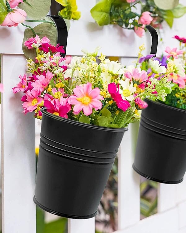 12 Pack Railing Planter for Outdoor Plants - 4 Inch Small Balcony Hanging Flower Pots with Detachable Hooks and Drain Holes Metal Oval Bucket Rail Box Fence Planters for Home Garden Decor, Black by vensovo - Image 6