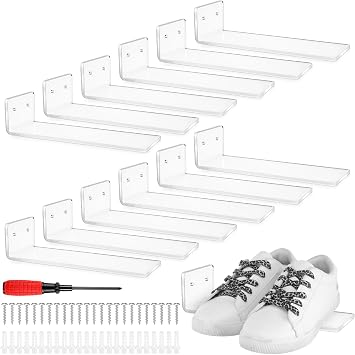 12 Pack Clear Acrylic Floating Shoe Shelves Invisible Wall Mounted Sneaker Display Rack for Levitating Shoe Collection, Easy Install Includes Hardware