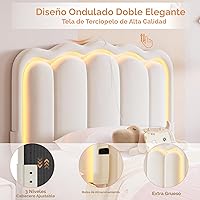 Vista 6 de Marco de cama LED tapizado individual con cajón de almacenamiento y cabecera doble ondulada ajustable, cama de plataforma de terciopelo