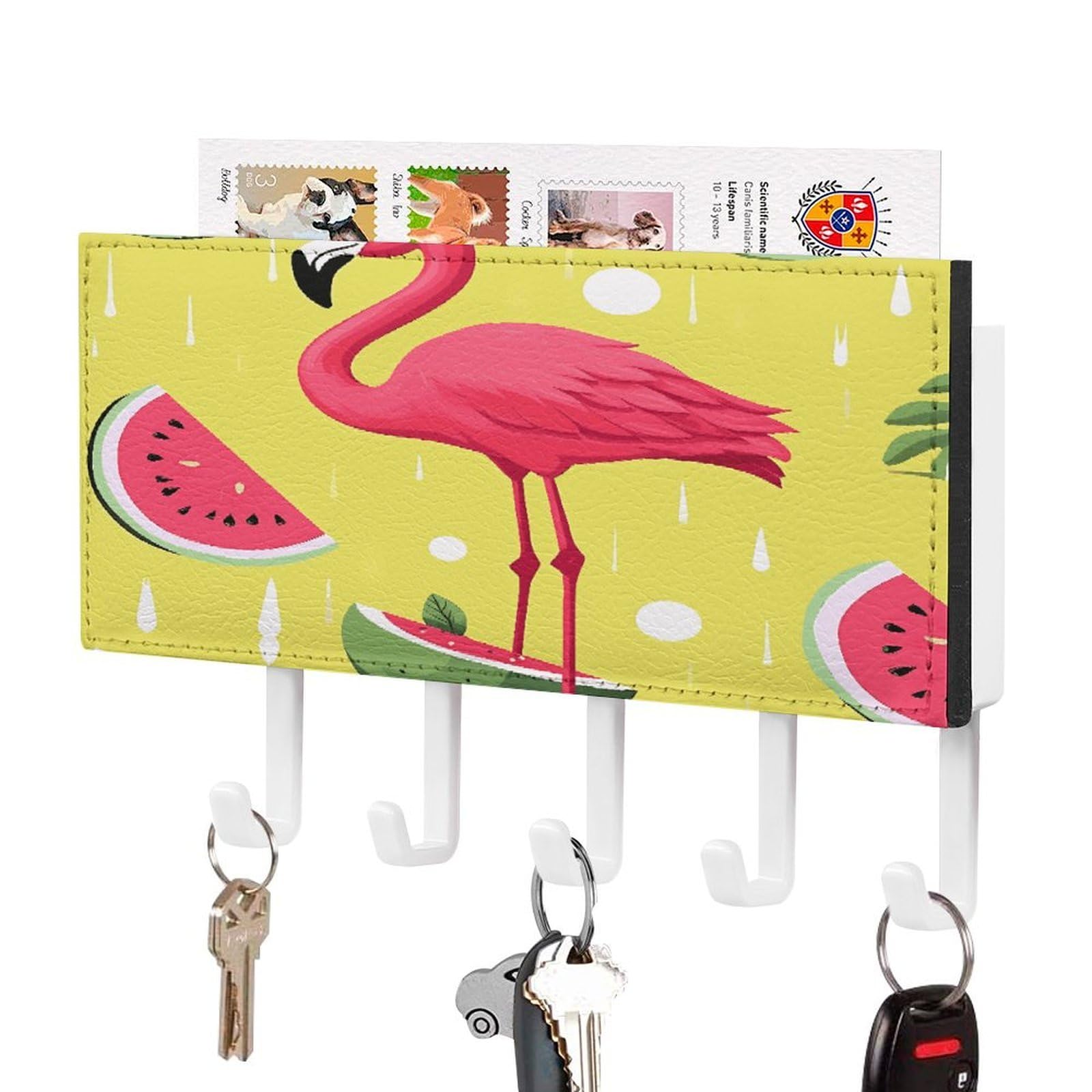 FekiLoot Pink Flamingo and Watermelon Key Holder for Wall Decorative,2 Installation Ways Keys Hanger Keys Holder Wall Mount Hanging Key Hooks with Mail Organizer for Wallet House Accessories