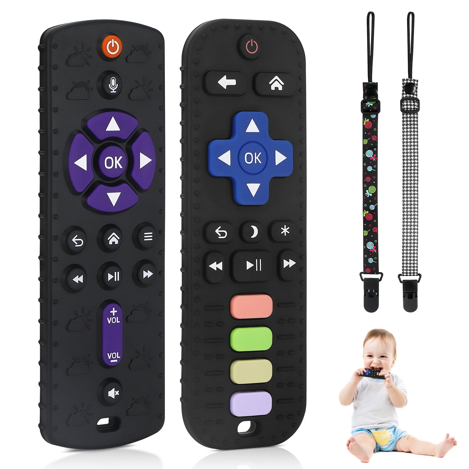 Beißring Baby,2 Pack Silikon Fernbedienung Beissring,BPA-frei Zahnungshilfe Baby mit Drückbare Schaltflächen,Schnullerkette,Lebensmittelqualität Silikon Badespielzeug für 0-12+ Monate (Zwei Schwarze)