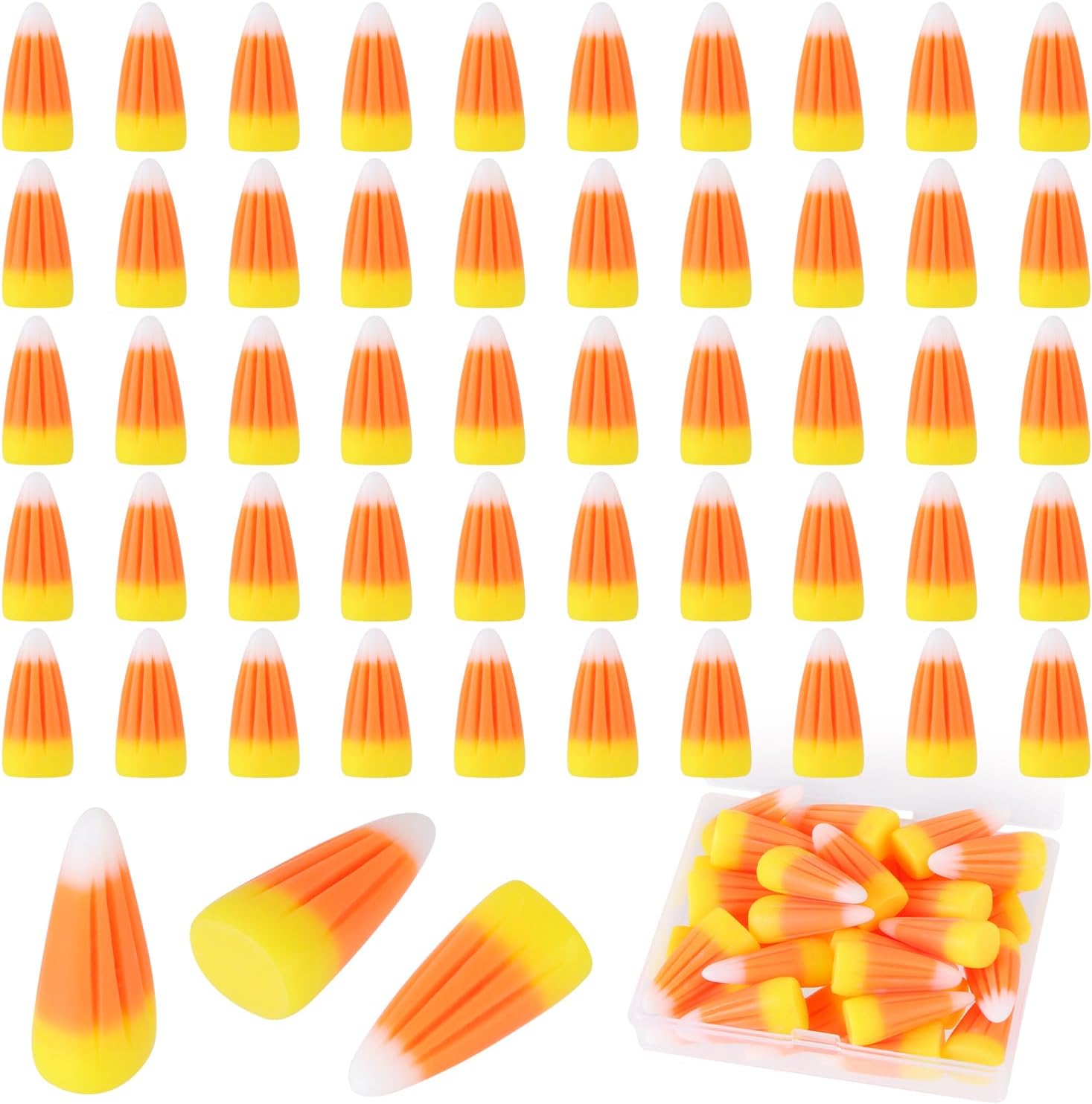 EVERMARKET 50 Pcs Resin Candy Corn Decor Cute Fake Candy Corn Embellishment Resin Corn Craft Halloween Decorations with Storage Box for DIY Craft Wreath Scrapbooking Party Home Decor