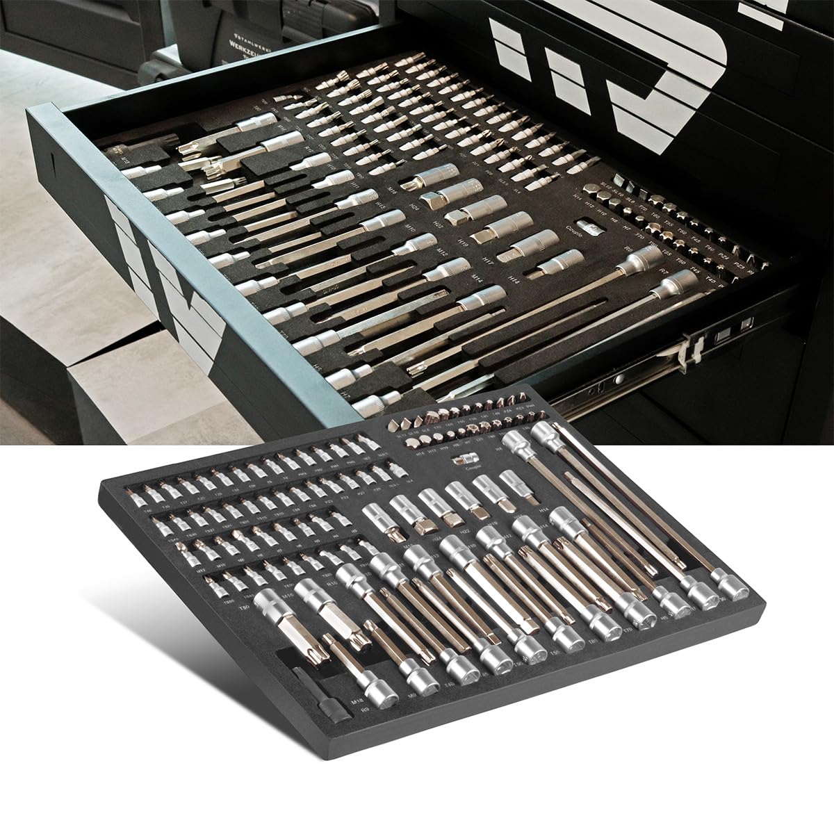 STAHLWERK Set di chiavi a bussola e a bussola da 102 pezzi in inserto per carrello dell'officina. Utensili CrV di alta qualità in inserto per carrello degli attrezzi per un ordine perfetto, set di