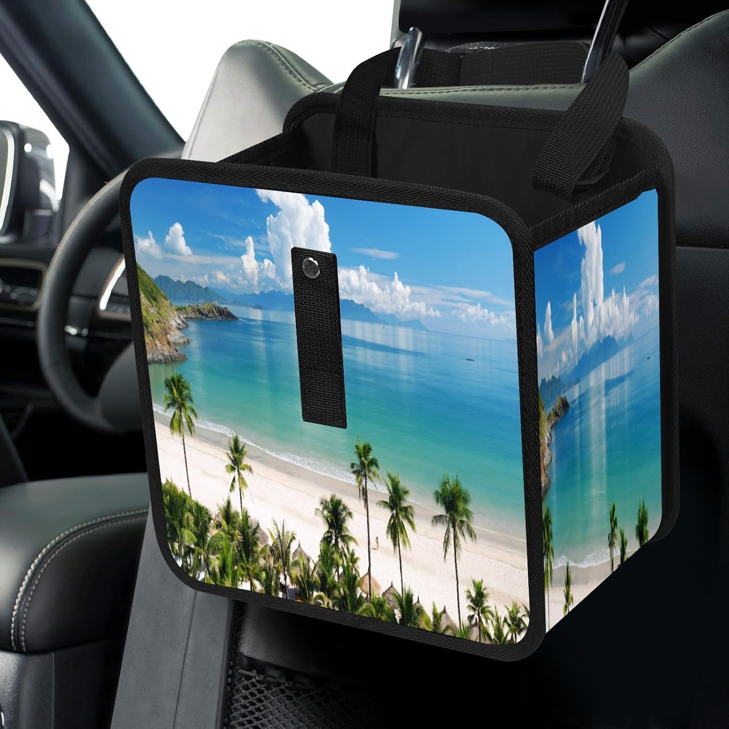 Car Trash Can Summer Palm Tree Beach Coast Sea Leakproof Auto Garbage Bag Can Foldable Car Trash Storage Bag Bin Hanging Car Organizer for Car Back Front Seat Car Accessories Decor