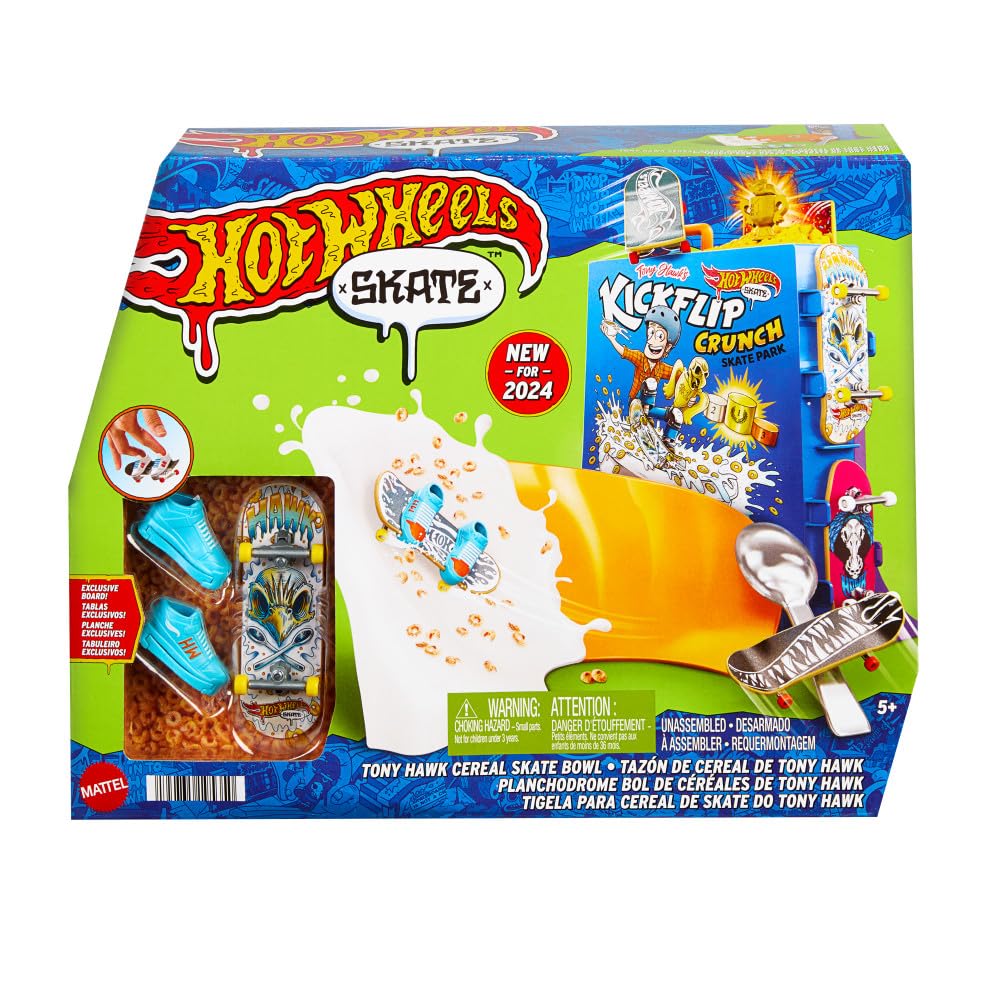 Hot Wheels Skate Tony Hawk – Śniadaniowa rampa Zestaw z 1 wyjątkową deskorolką do jazdy palcami i parą zdejmowanych butów, miejsce do przechowywania 4 desek i 4 par butów, HTP09