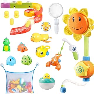 Bath Toys for Toddlers, Kids Bathtub Toy with Shower Head, Slide Track, Mold Free Floating Wind Up Toy, Fishing Game, No Hole Dinosaur Fun Baby Bath Time Birthday Gift Toys Girls Boys with Storage Bag