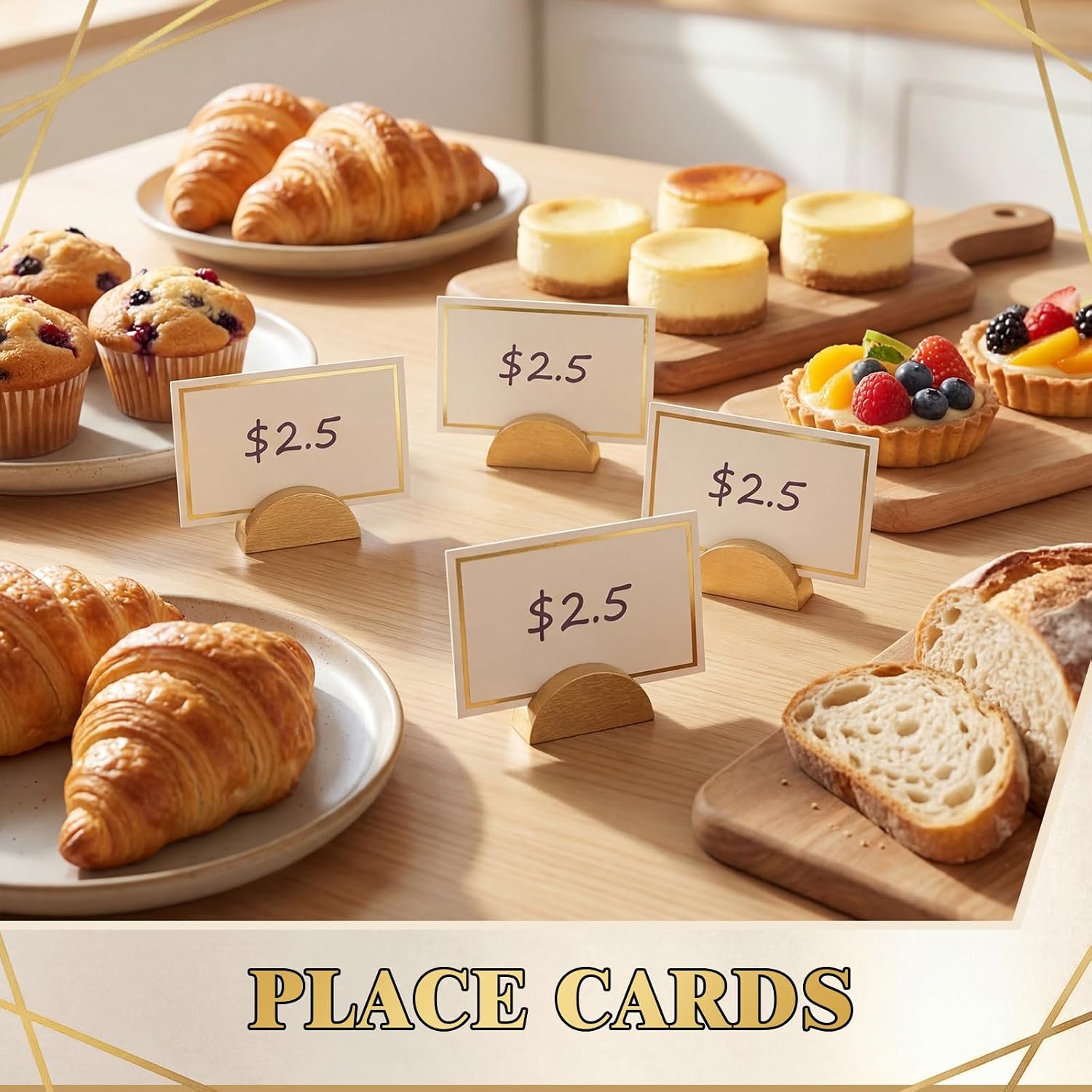Sawysine 12 Pcs Wood Table Number Stands and 12 Pcs Tented Card, Gold
