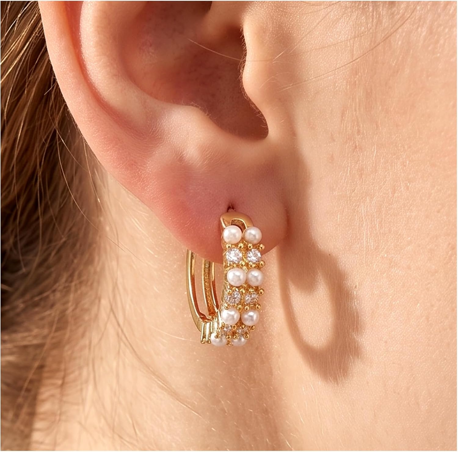 Small Pearl Hoop Earrings for Women, 14k Gold Plated Pearl Huggie Earrings image 4