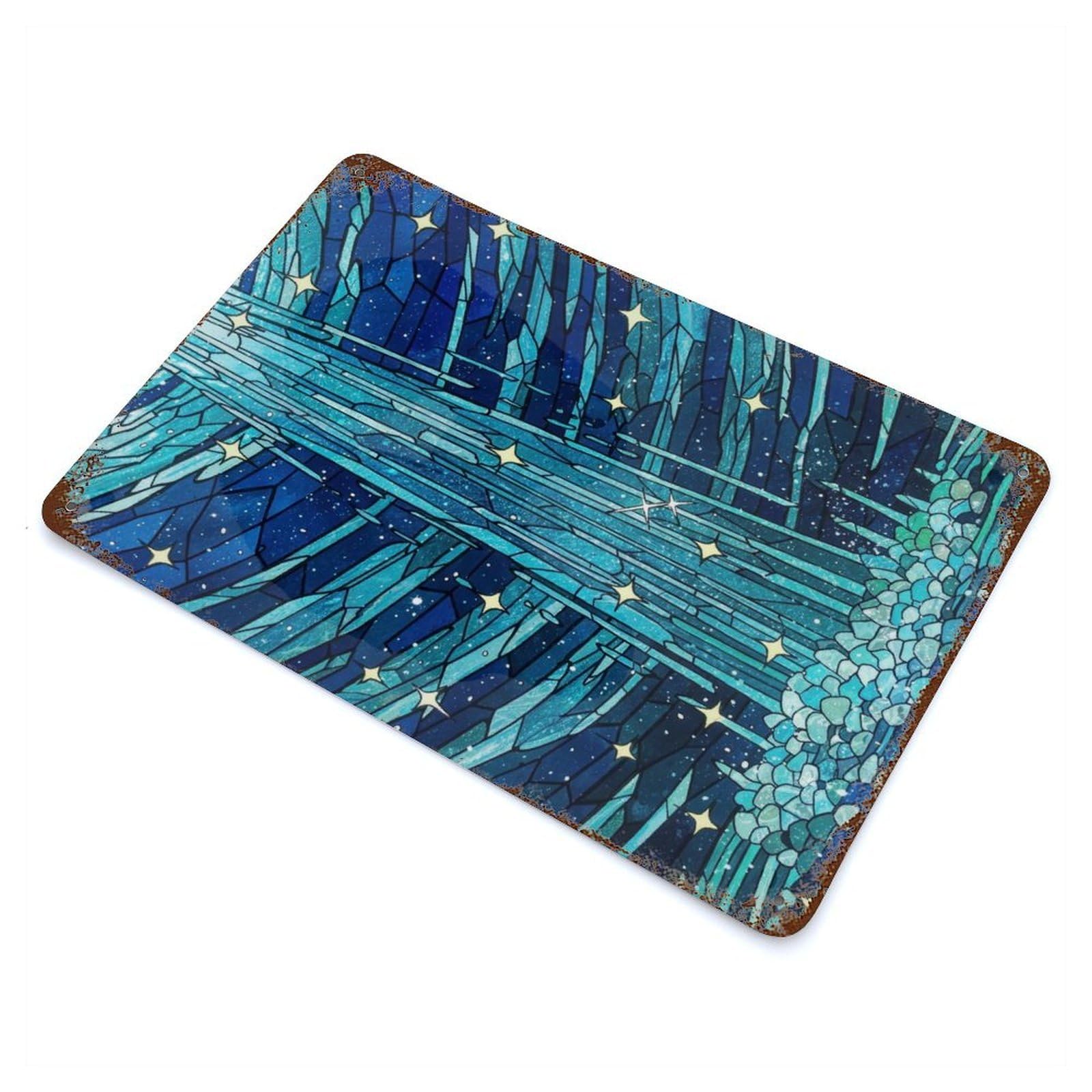 Stained Glass Waterfall with Stars Rusty Metal Tin Sign 11.8"x7.9", Industrial Home Decor for Garage, Pub Or Kitchen