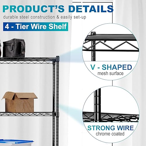 Miniatura 10 de Estantería de almacenamiento ajustable de 4 niveles, estantes de metal, organizador de acero, estantería de garaje, estante de alambre para