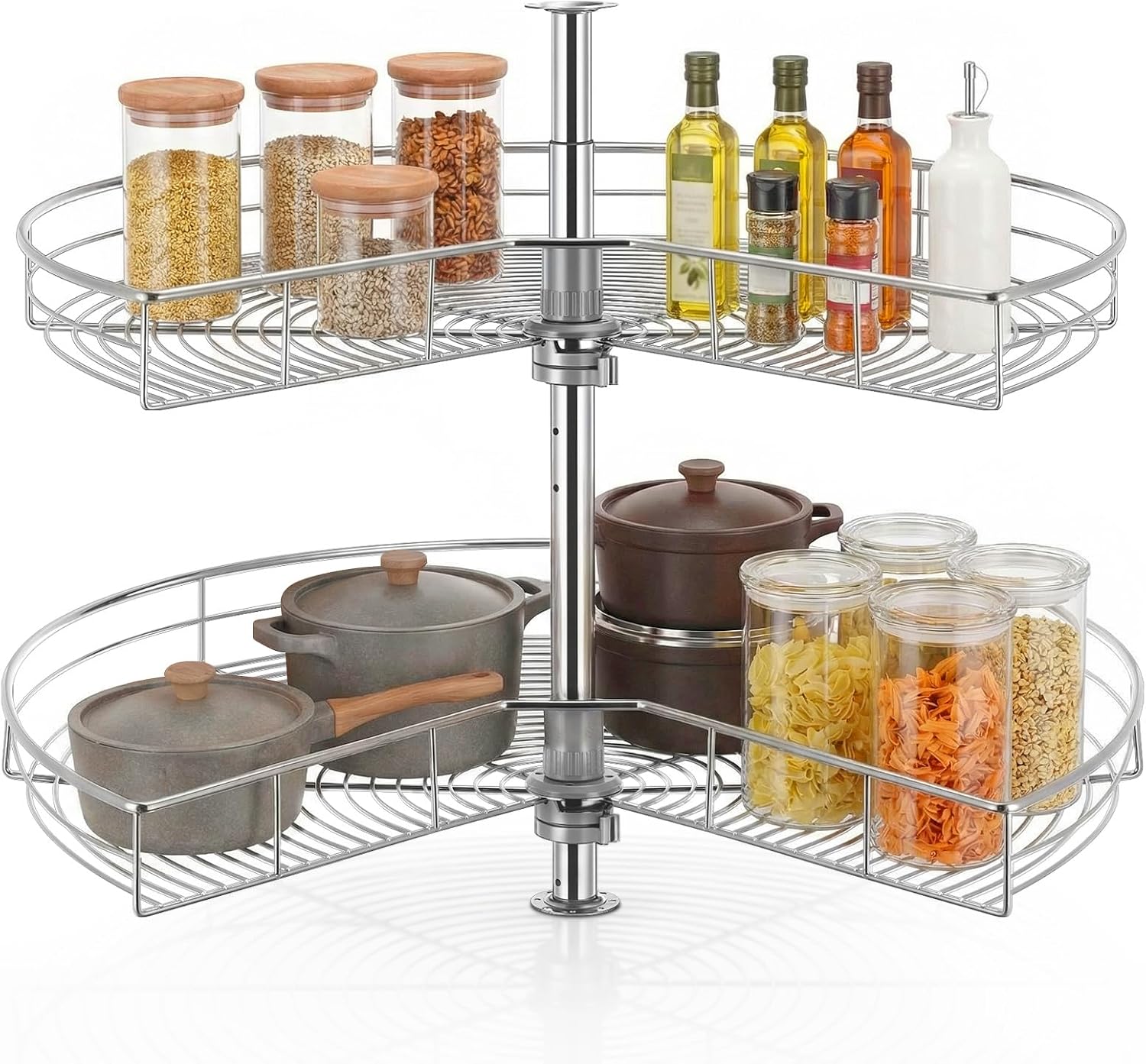 FOHERE 32" Kidney Lazy Susan Corner Cabinet Organizer, 2-Tier Adjustable Height Chrome Steel Shelves, 270° Rotating Tray, Blind Corner Kitchen Storage Replacement