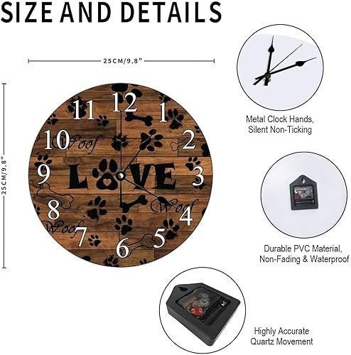 Miniatura 2 de Reloj de pared redondo de PVC con huellas de perro rústico de madera de granero antiguo, funciona con pilas, reloj silencioso sin tictac de 10 x 10
