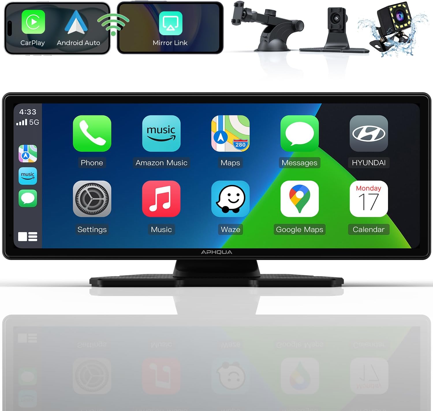 Wireless CarPlay & Android Auto Car Stereo with 1080p Backup Camera, Portable 10.26'' IPS Carplay Screen with Touch Screen, Bluetooth Connectivity, Siri, GPS Navigation, Mirror Link, AUX/FM