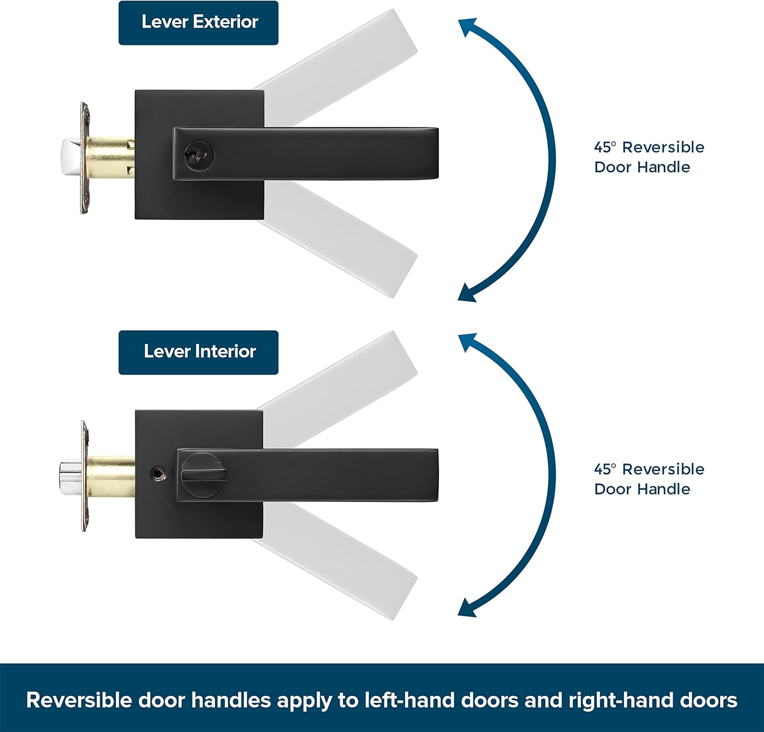 1 Pack Square Heavy Duty Front or Entrance Door and Bedroom Door Lock Lever, Black Door Lock Set, Modern Design Door Lock with Key, Reversible Matte Black Door Handle