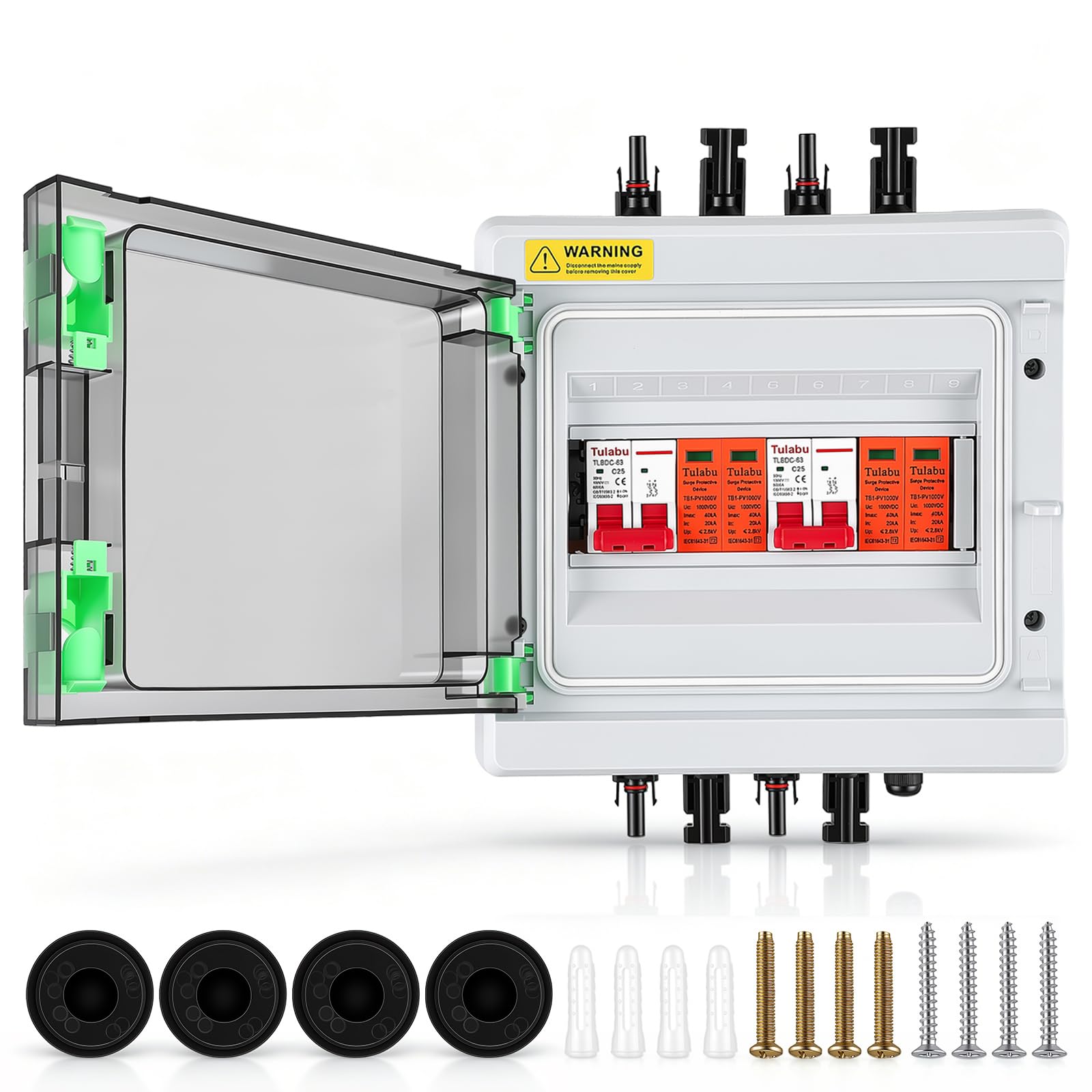 Quadro di Distribuzione, Protezione Sovratensioni DC 2-in-2 Out Sezionatore Fotovoltaico Cassetta Giunzione Solare per Impianti Fotovoltaici (2 Stringhe) 1000V DC 40A 20-40kA Quadro Connessione IP65