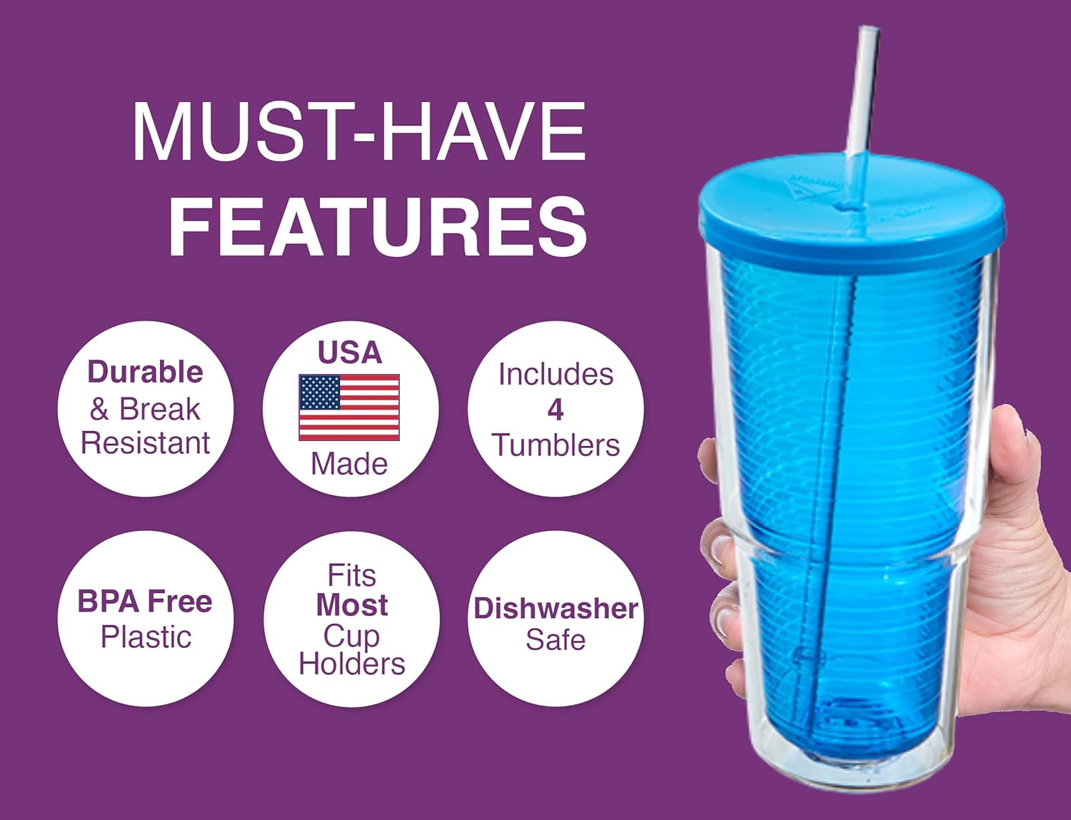 Arrow Home Products 24 oz Plastic Double Wall Tumbler w/Straw & Lid, 4 Pack - Made in USA, BPA Free - Iced Coffee Tumbler Cups - Cupholder Friendly, Dishwasher Safe - Clear, Blue, Purple, Green - Image 3