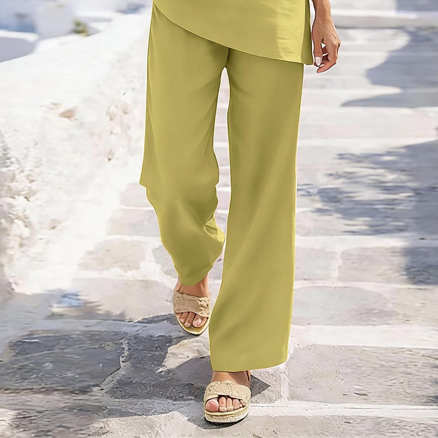 Work Outfits Women Summer Linen 2 Piece Sets V Neck Half Sleeve Tunic Tops Straight Leg Pants Business Casual Outfits