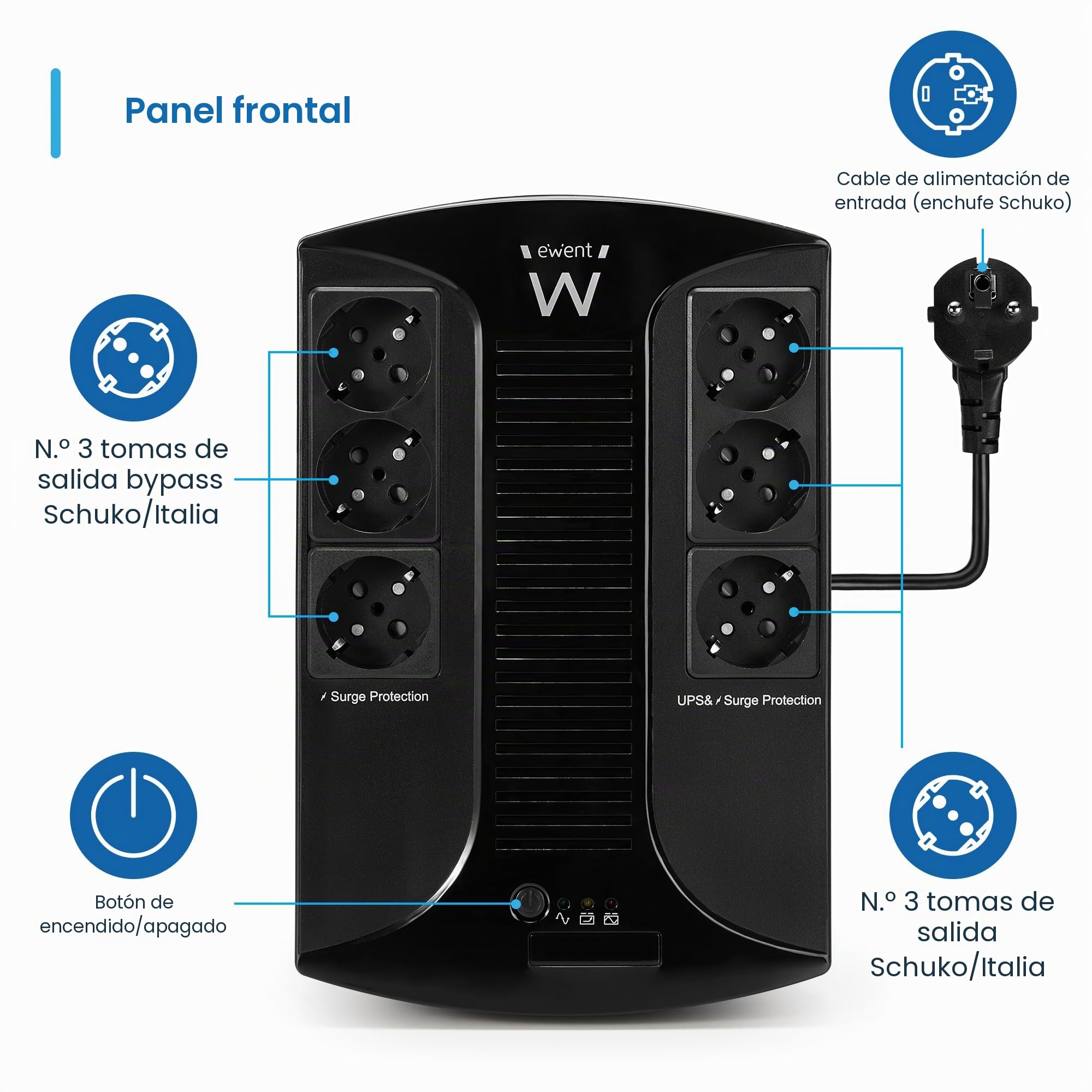 Ewent EW3945 SAI Sistema de Alimentación Ininterrumpida,SAI Line Interactive de 600VA,Fuente de alimentación de protección contra sobretensiones,AVR,Conexión a Tierra,6 Conectores de Salida Schuko