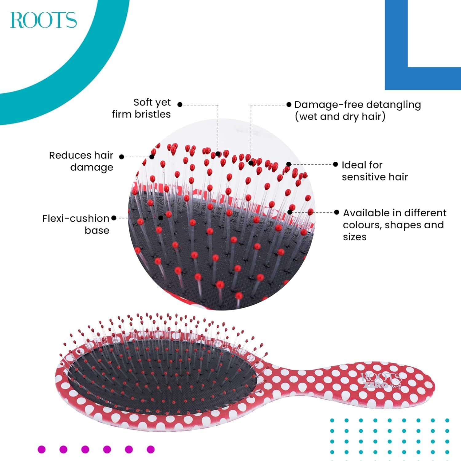 ROOTS Zero Tangle Oval Hair Brush | Flexi Cushion Base | Soft yet Firm Bristles | Damage-Free Detangling on Sensitive/Wet/Dry Hair | For Men & Women | Length - 5.7 Inch, Model No - RZTO-RP 2