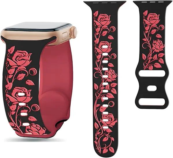 Floral Engraved Bands Compatible with Apple Watch Band 44mm 40mm 38mm 41mm 45mm 49mm 42mm for women, Soft Silicone Cute Flower Pattern Sport Strap for iWatch Bands Series Ultra 2 SE 9 8 7 6 5 4 3 2 1