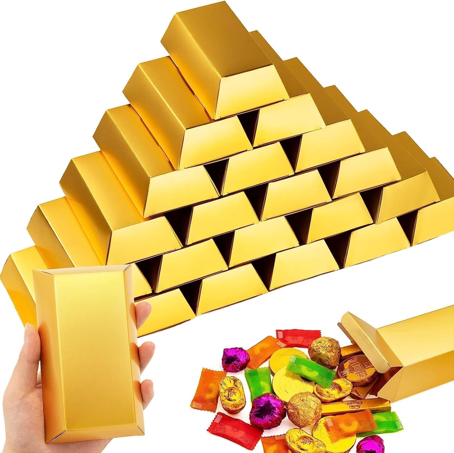 Gold Bar Candy Box, 20 Pieces Simulation Gold Bar Storage Box, Treasure Candy Box, for Party, Birthday, Christmas, Pirate Games and DIY Craft, Gold Coins Chocolate