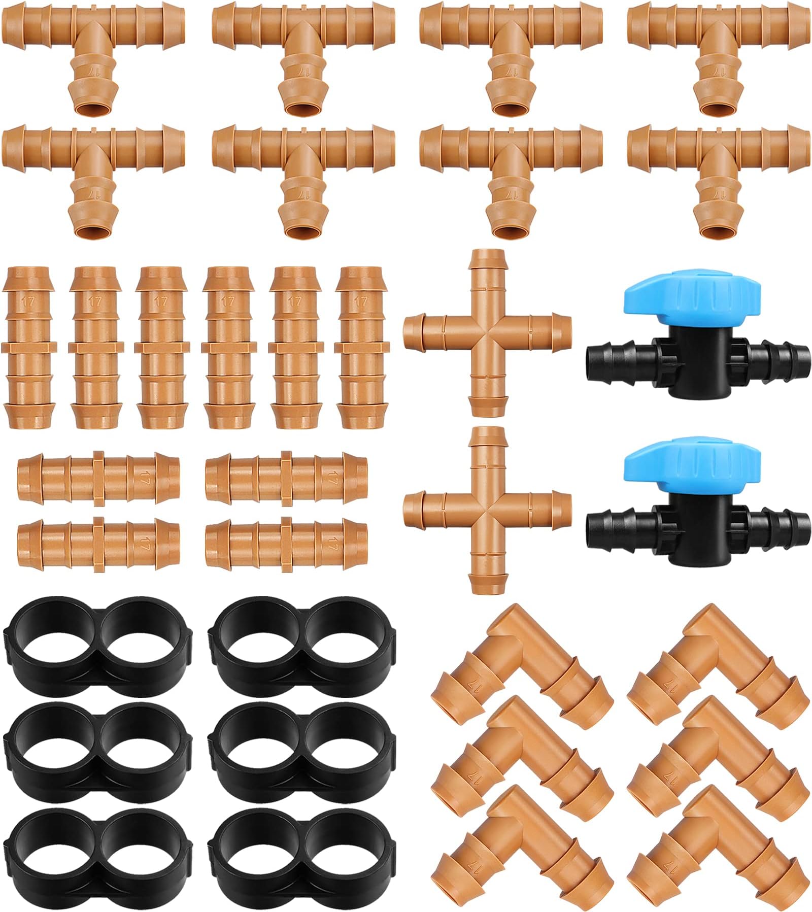 JAYEE 34 Pieces Drip Irrigation Fittings Kit (17mm) for 1/2" Tubing (.600" ID), 10 Couplings, 8 Tees, 2 Cross, 2 Valve, 6 Elbows and 6 Tubing End Closure - Barded Connectors for Sprinkler Systems