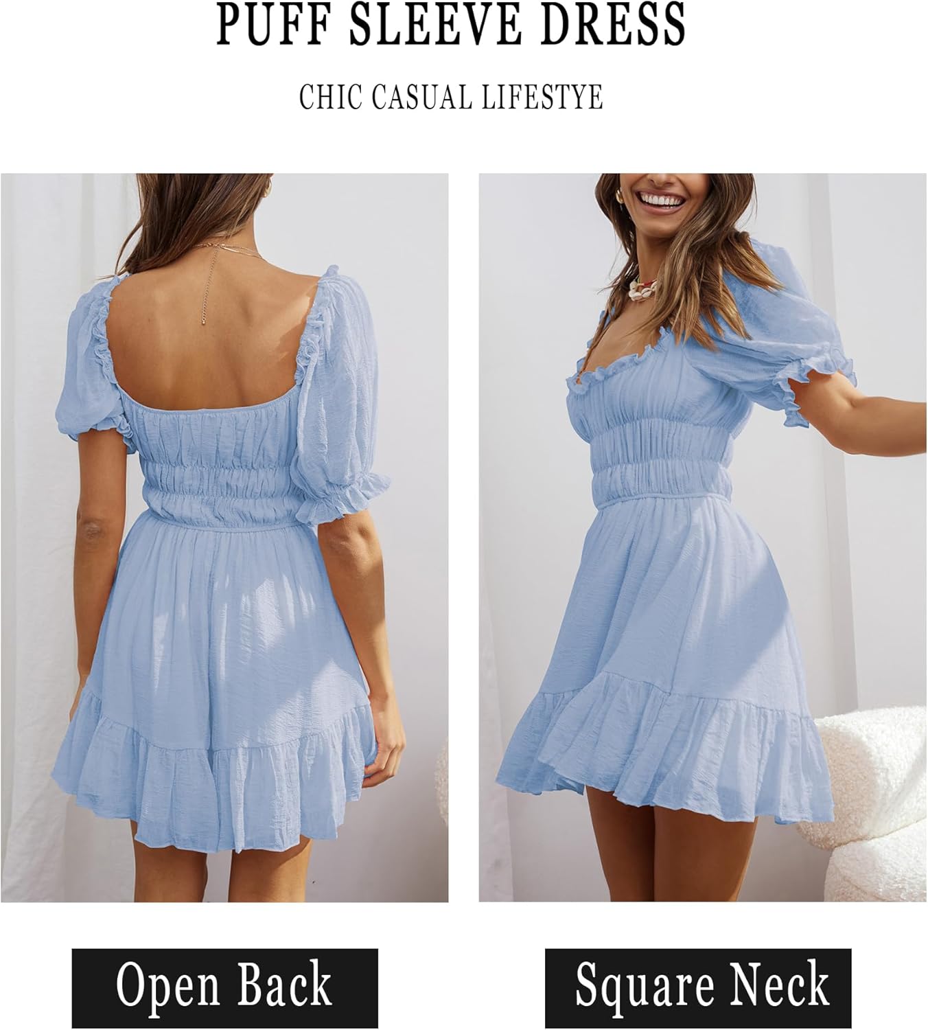 Women's Square Neck Puff Sleeve Mini Dresses Ruffle Elastic Waist A-Line Elegant Summer Casual Flowy Mini Dress - Image 2