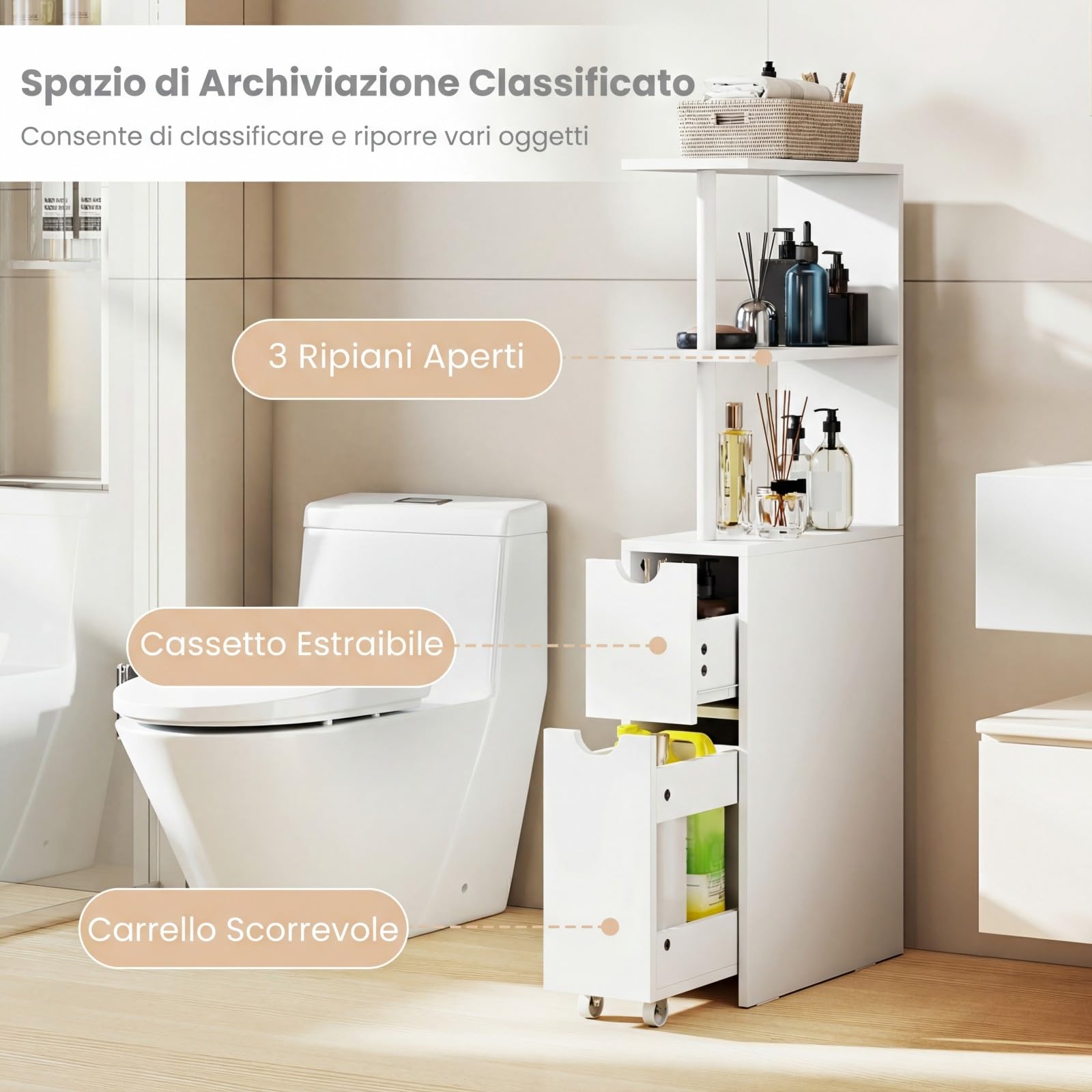 COSTWAY Mobile da Bagno Salvaspazio, Mobiletto Stretto e Autoportante con Ripiani Aperti, Cassetto Scorrevole e Carrello Estraibile, Mobiletto a Terra in Legno per Cucina, 45 × 20 × 114 cm