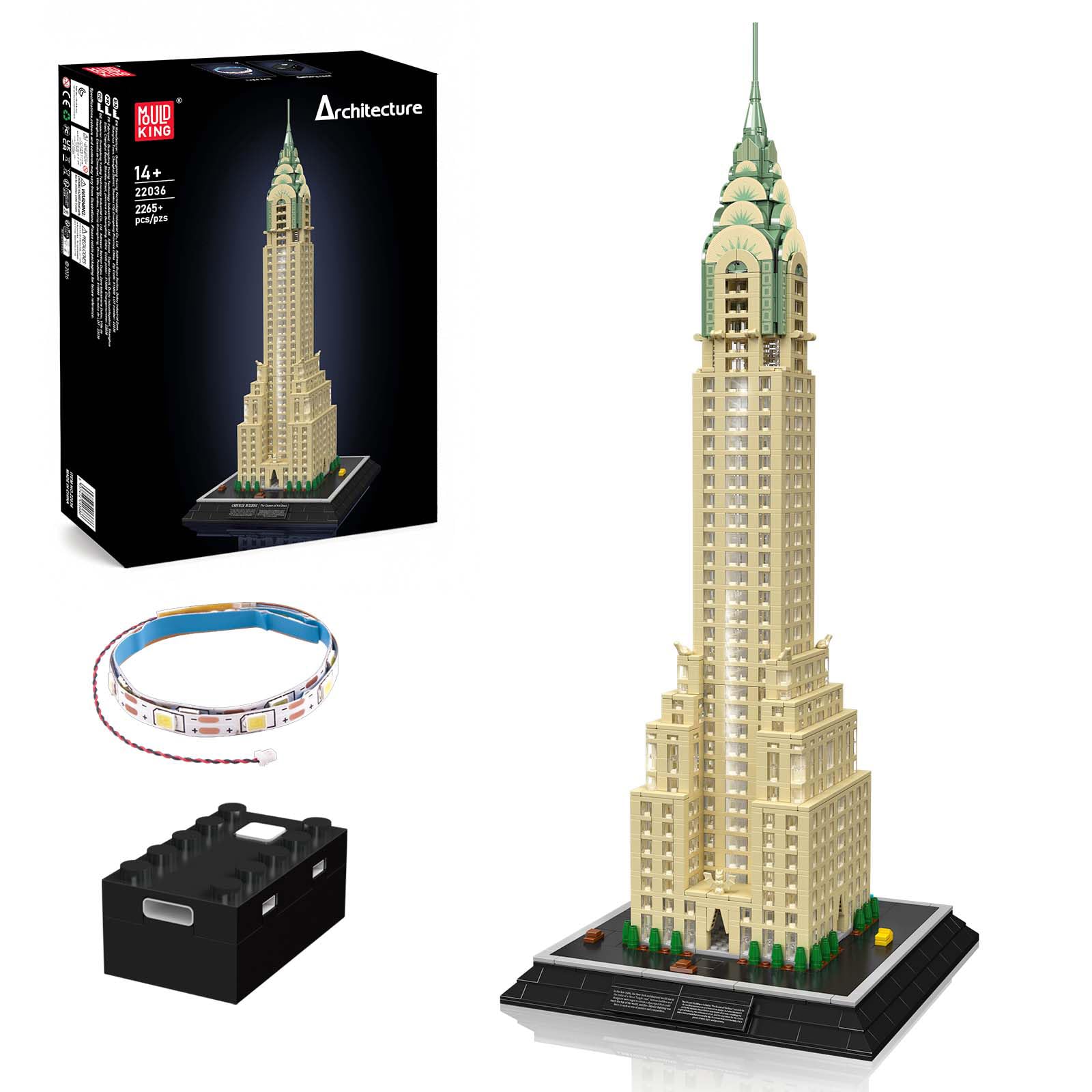Mould King 22036 Architektur Klemmbaustein Set, 2265 Teile Wolkenkratzer Modellbausatz mit LED-Beleuchtung, Detailreiches Hochhaus-Modell, Sammlermodell und Display-Dekoration für Erwachsene