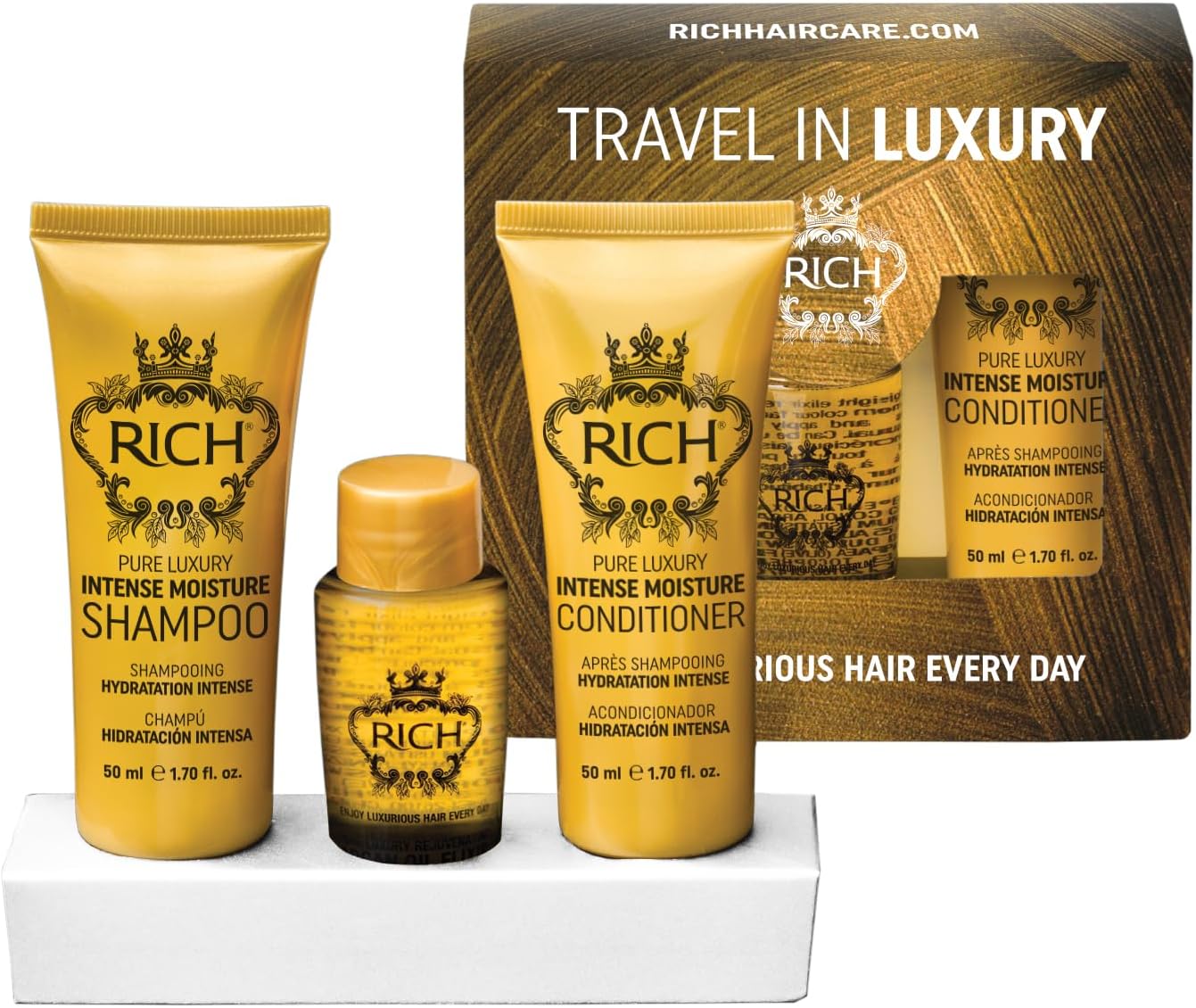 RICH Gift Set Travel in Luxury - Intense Moisture Shampoo 1.70 Fl Oz, Intense Moisture Conditioner 1.70 Fl Oz, Argan Oil Elixir 1.0 Fl Oz