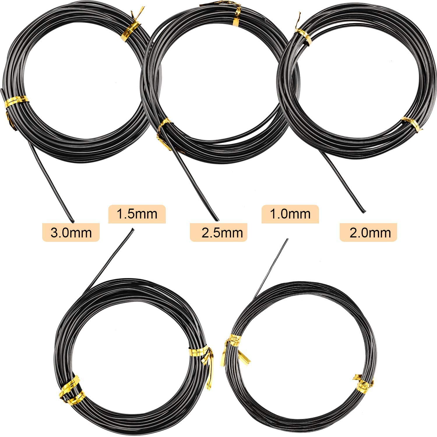 10 Rouleaux Bonsai Wires Fil De Formation Bonsai en Aluminium Anodisé en 5 Tailles Kit De Démarrage - 1,0 Mm, 1,5 Mm, 2,0 Mm, 2,5 Mm, 3,0 Mm, Total 164 Pieds Marron