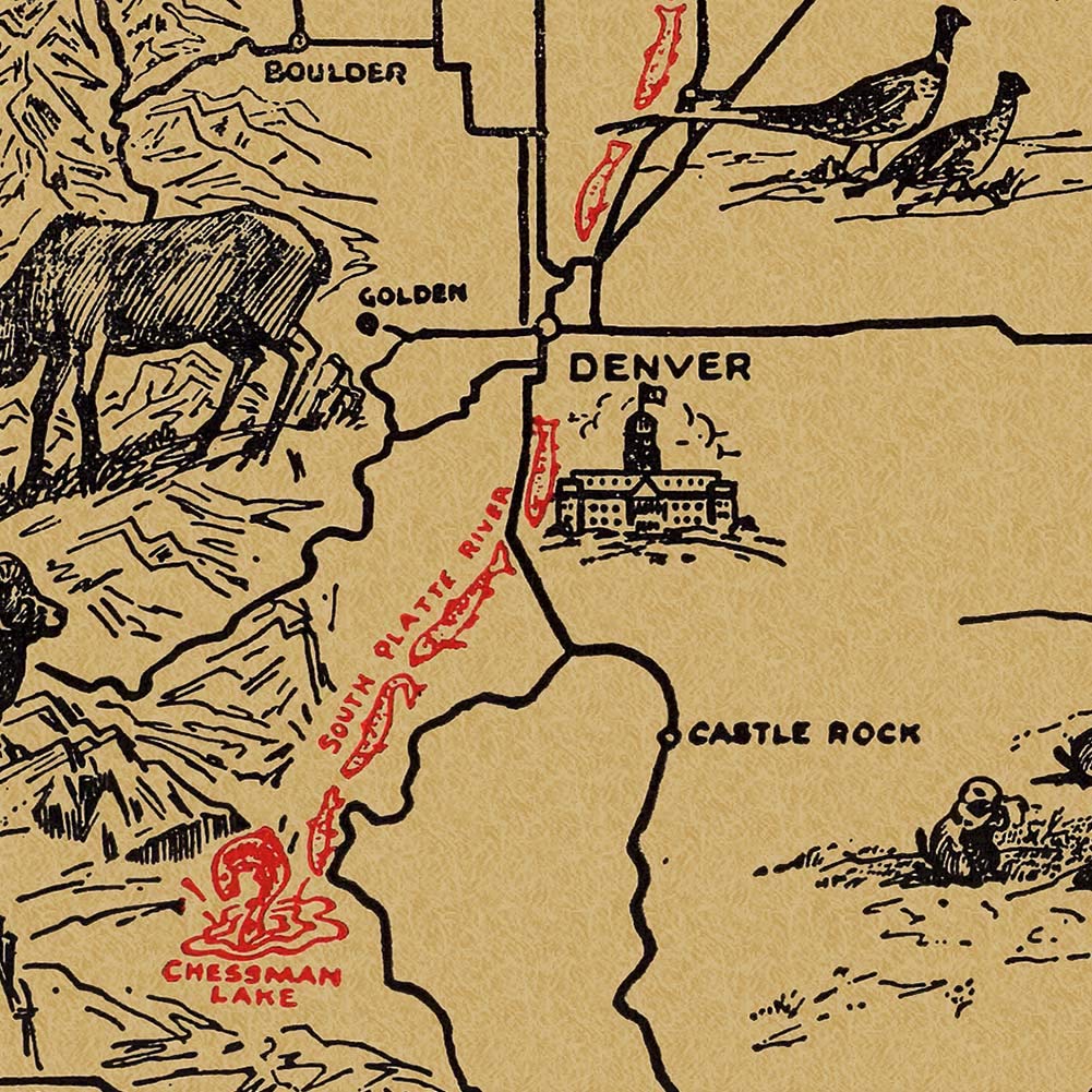 Colorado Sportsmen Big Game, Game Fish and Game Birds Map circa 1949 | Art Print Poster Vintage Wall Decor | 24 x 32 inches