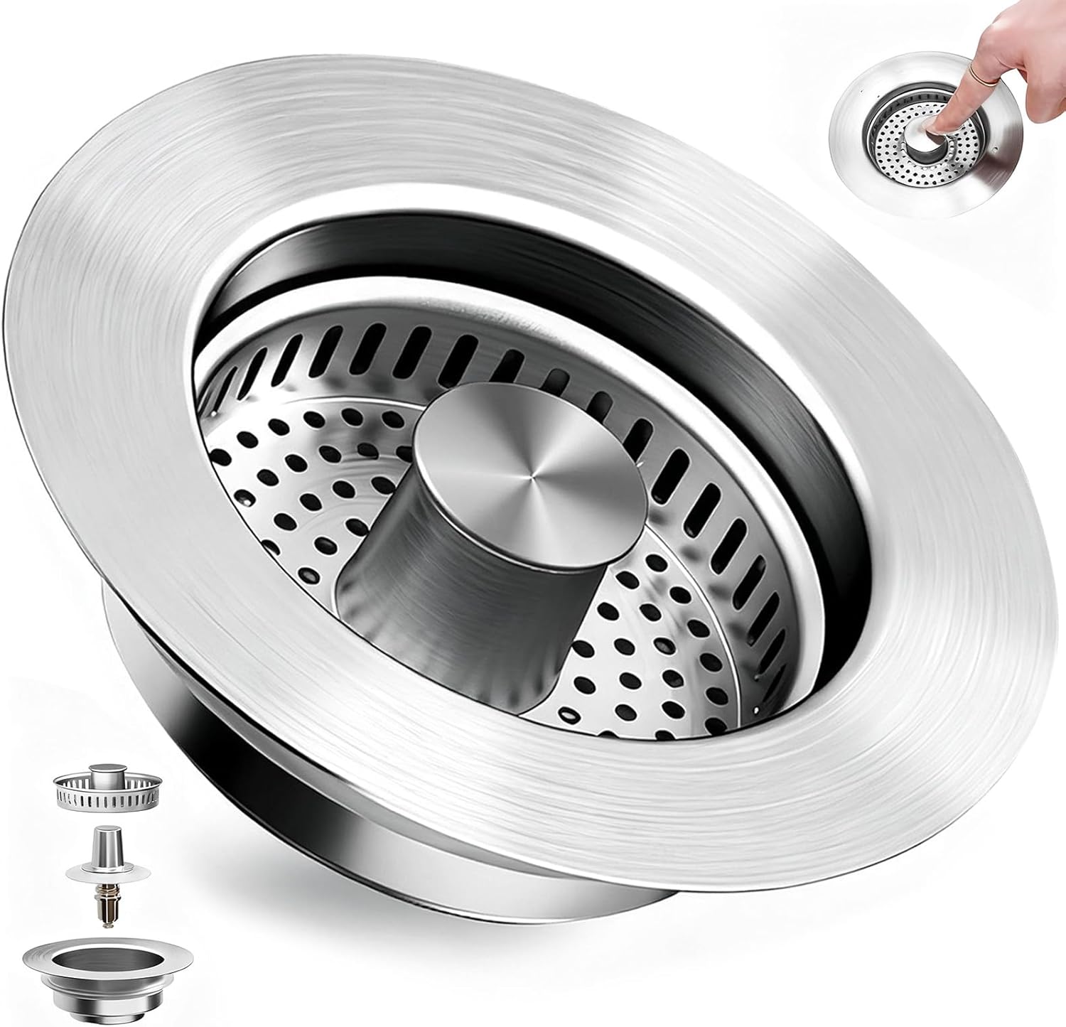 3 in 1 Kitchen Sink Drain Strainer, Universal Pop Up Stopper with Brass Core & Removable Stainless Steel Filter Basket, Anti-Clogging Sink Drain Strainer for US Standard 3-1/2'' Drain Hole
