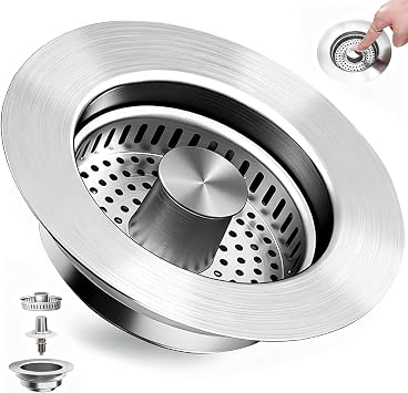 3 in 1 Kitchen Sink Drain Strainer, Universal Pop Up Stopper with Brass Core & Removable Stainless Steel Filter Basket, Anti-Clogging Sink Drain Strainer for US Standard 3-1/2 Drain Hole