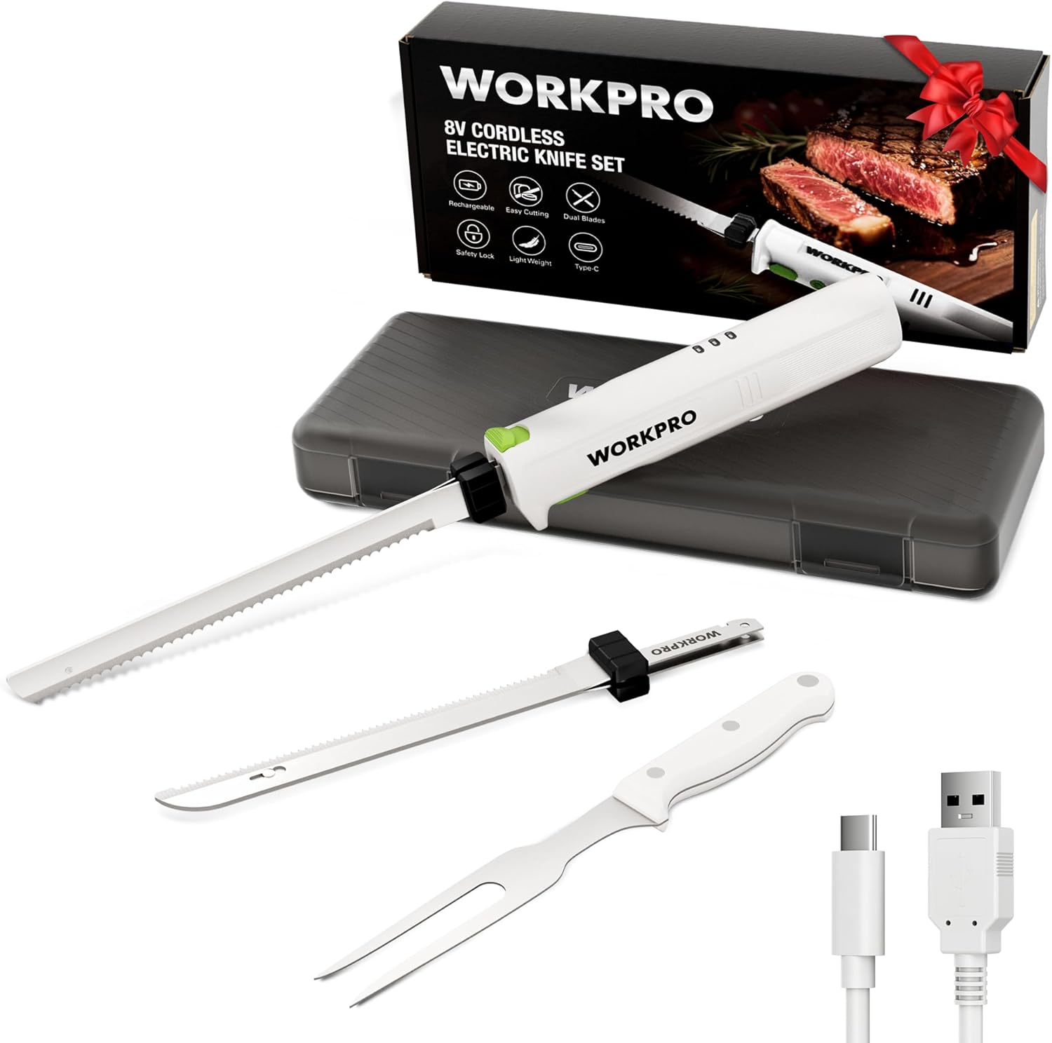 WORKPRO Cordless Electric Carving Knife for Turkey, Meat, Fish & Bread - 2 Serrated Stainless Blades, Ergonomic Grip, Storage Case & Fork, White