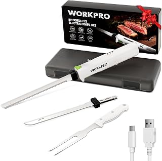 WORKPRO Cordless Electric Carving Knife for Turkey, Meat, Fish & Bread - 2 Serrated Stainless Blades, Ergonomic Grip, Storage Case & Fork, White