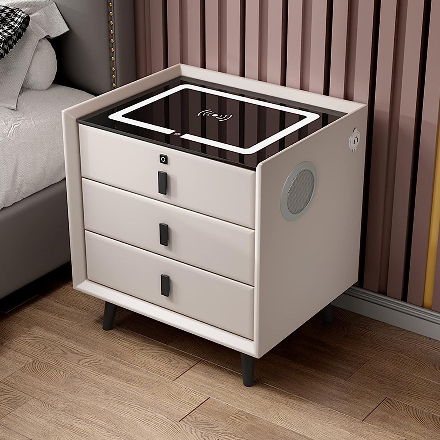 BHGFYXBS Smart Nightstand With Charging Station End Table With Drawers Bedside Table With 2 Usb Ports & Blue-Tooth Speaker Bedside Cupboard With Led Lights Dresser,Grey-2 Drawers,Beige-3 Drawers