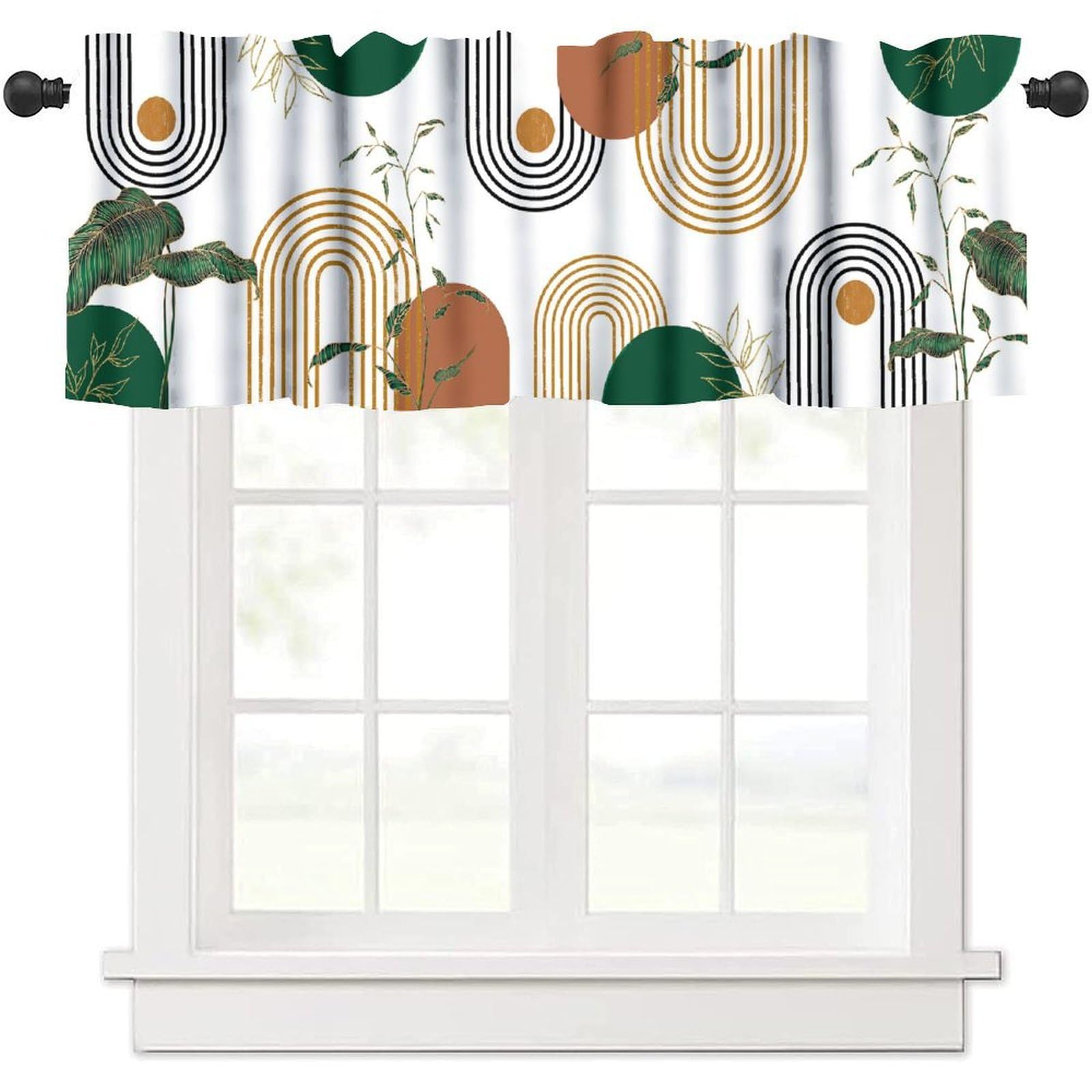 Boho Leaves Window Valance Curtains, Retro Boho Golden Tropical Palms Tree Mid Century Modern Abstract Sun Arch Geometric Window Curtain Valance for Farmhouse Kitchen Bedroom Living Room 54x18inch