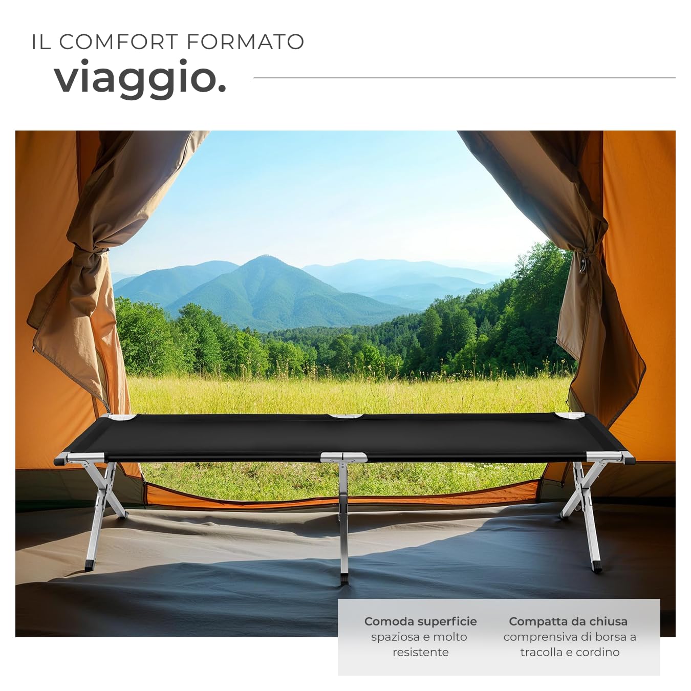 tectake® Lettino da Campeggio in Alluminio, Letto Pieghevole Portatile, Lettino Mare con Borsa, Letto Pieghevole da Esterno, Robusto, Portata Fino a 150 kg, Camping, Spiaggia, Piscina – Nero