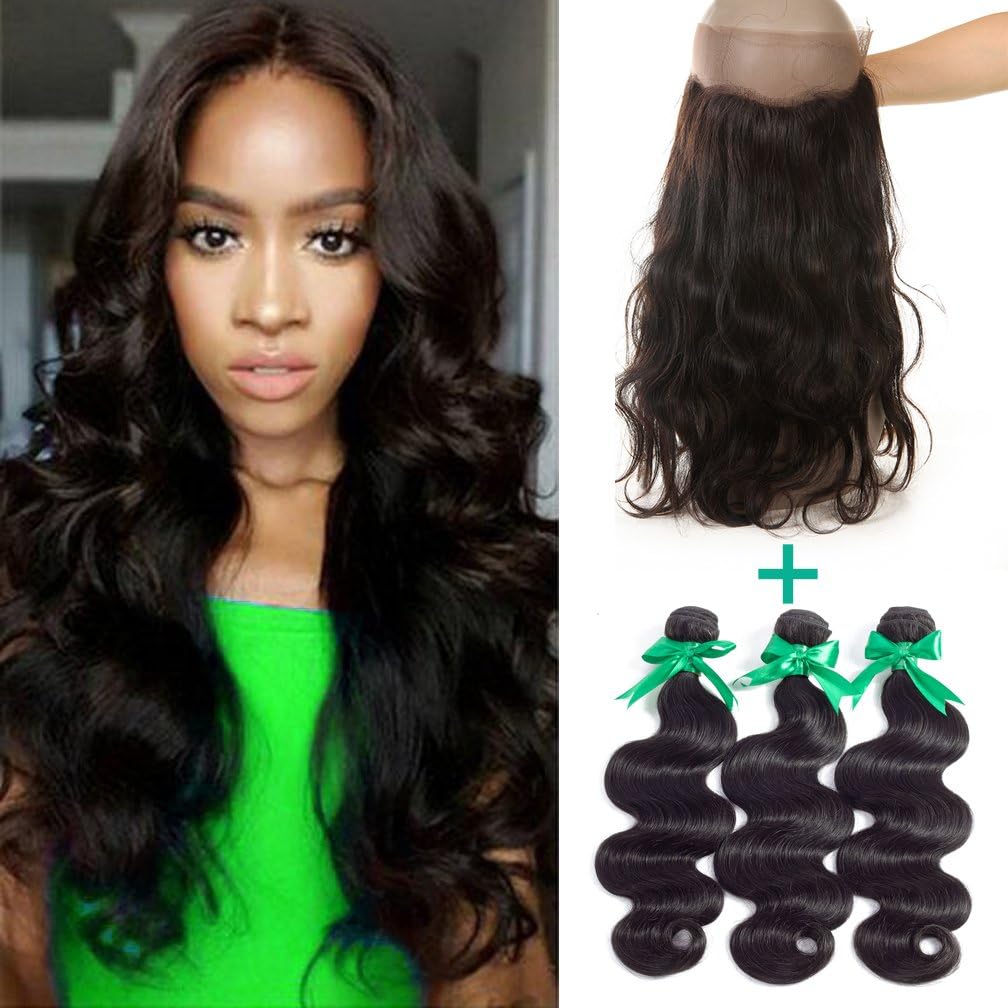 MIssIvy Hair Brazilian Virgin Hair Body Wave Human Hair 360 lace frontal Band Closure 22"x4"x2" Body Wave Hair Around Natural Hairline with 3 Bundles for Black Women 16 18 20+18inch
