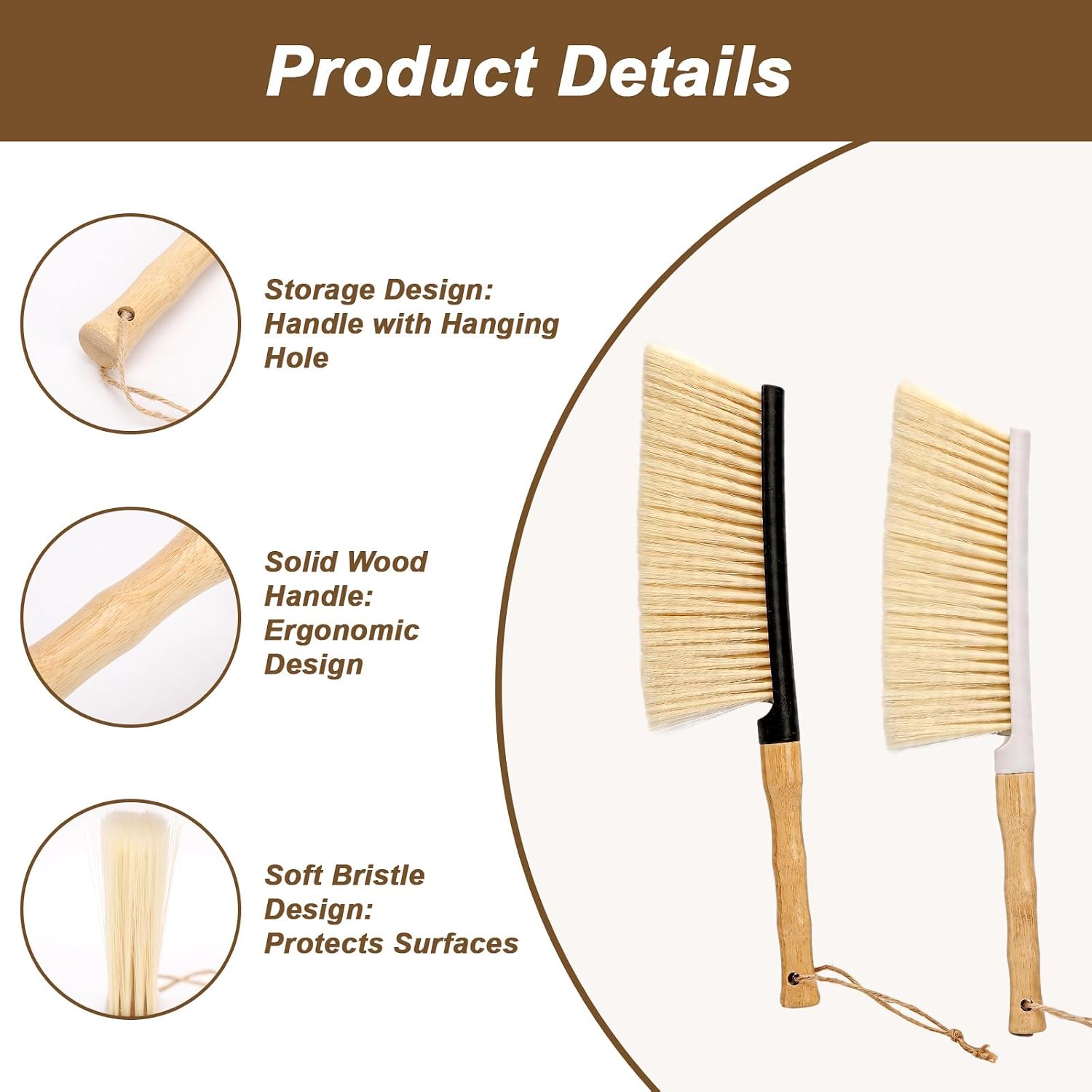 2Pcs Hand Broom Cleaning Brushes, 14 Inch Long Dust Brush | Multi-Purpose Medium-Soft Bristles Dusting Brush with Long Bamboo Handle for Carpet, Beds, Sofas, Home, Woodworking Cleaning