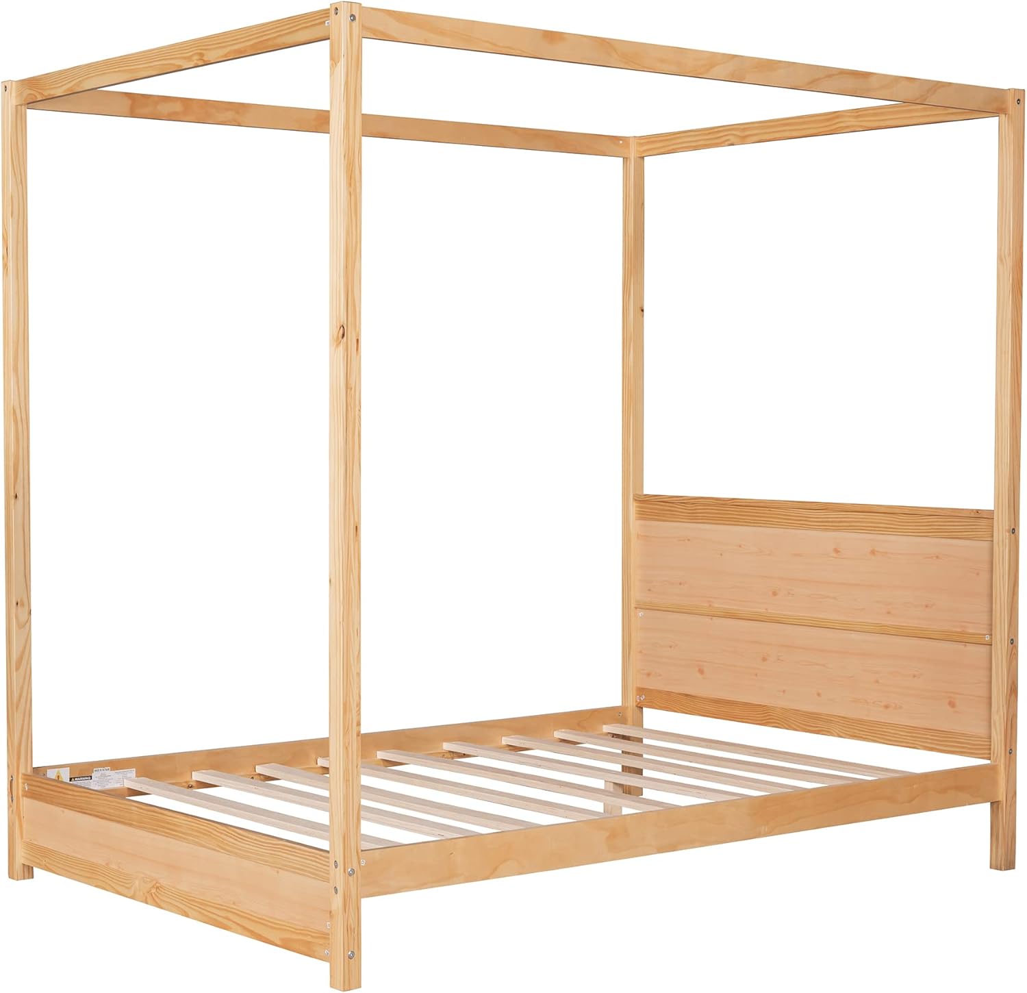 Assembled Generic Full Canopy Bed Frame without bedding, showing the wooden structure.