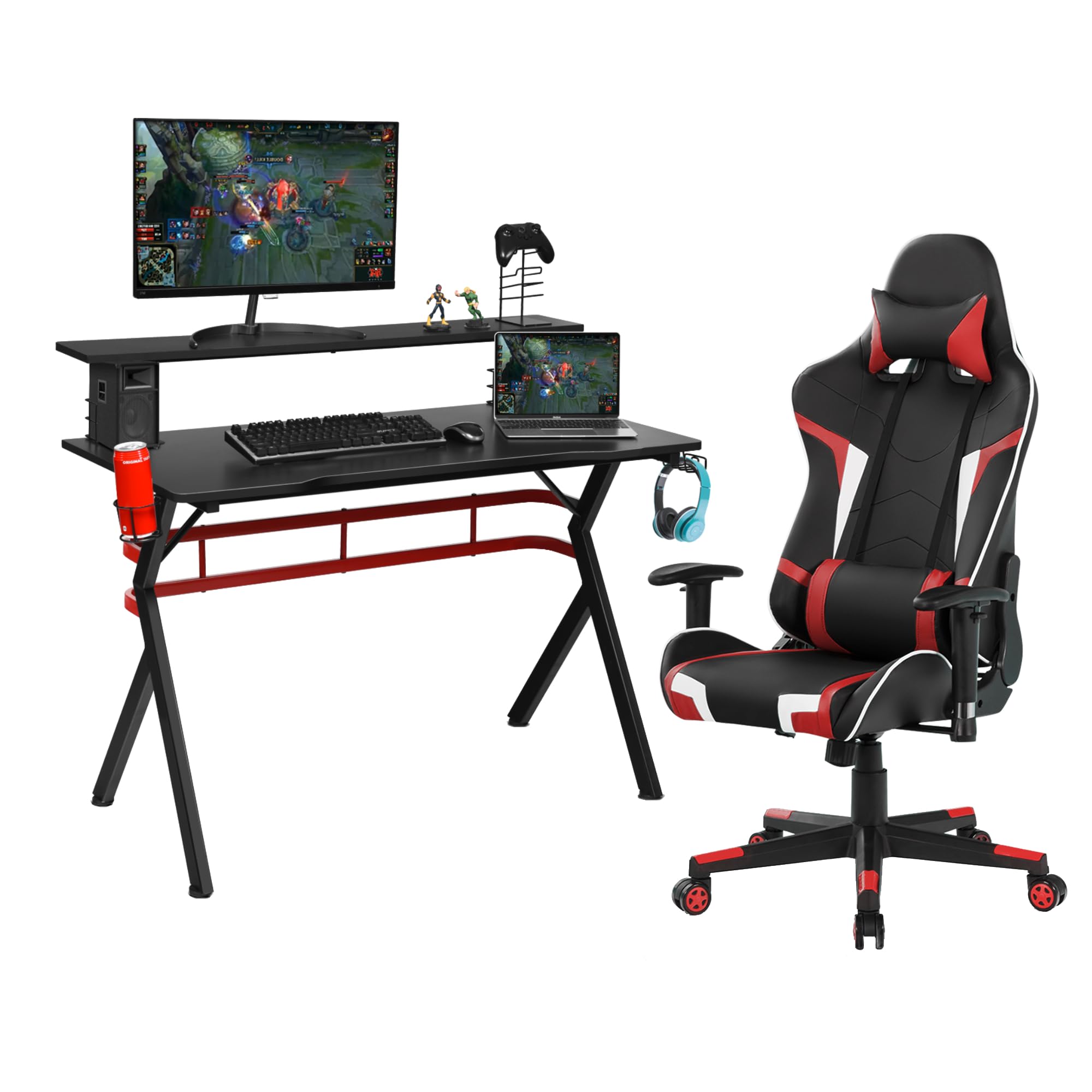 Tangkula Gaming Desk and Chair Set, Ergonomic Gamer Desk & Racing Chair Set Cup Holder, Headphone Hook, Handle Rack & Monitor Stand, Massage &