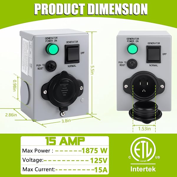 15 Amp Generator Transfer Switch with Pre-drilled Holse, LED Indicator 125V 1875W 15A NEMA 5-15P Power Generator Transfer Switch for Emergency Power Outage Outdoor/Indoor Use, ETL Listed - 2