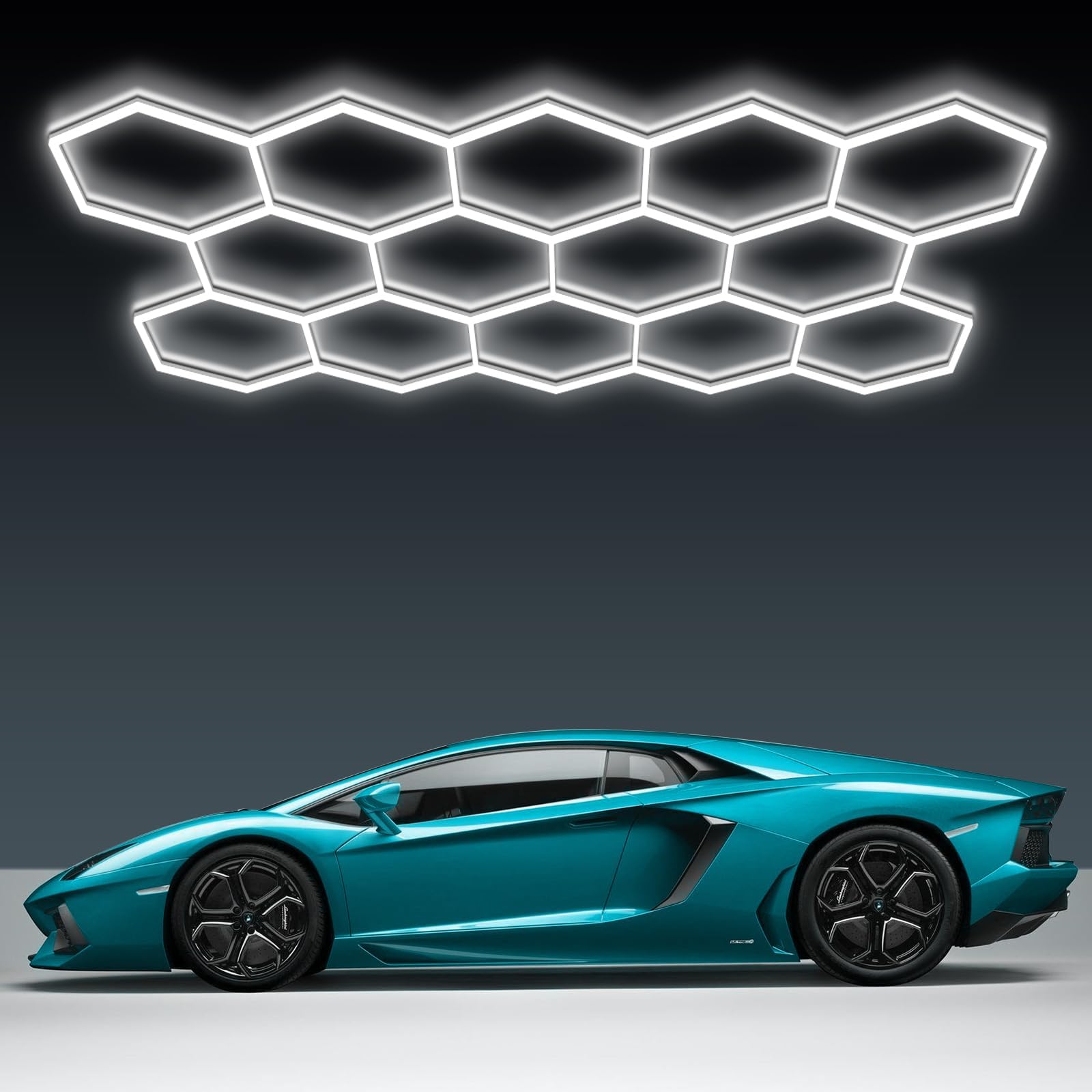 LED Hexagon Beleuchtung-57pcs Röhrenleuchten, 456W 4.1m x2.4m,Superhell verknüpfbare LED-Deckenleuchten für Garage, Werkstatt, Fitnessstudio, Keller, Auto-Schönheitssalon, Autopflegegeschäft”(14-HEX)