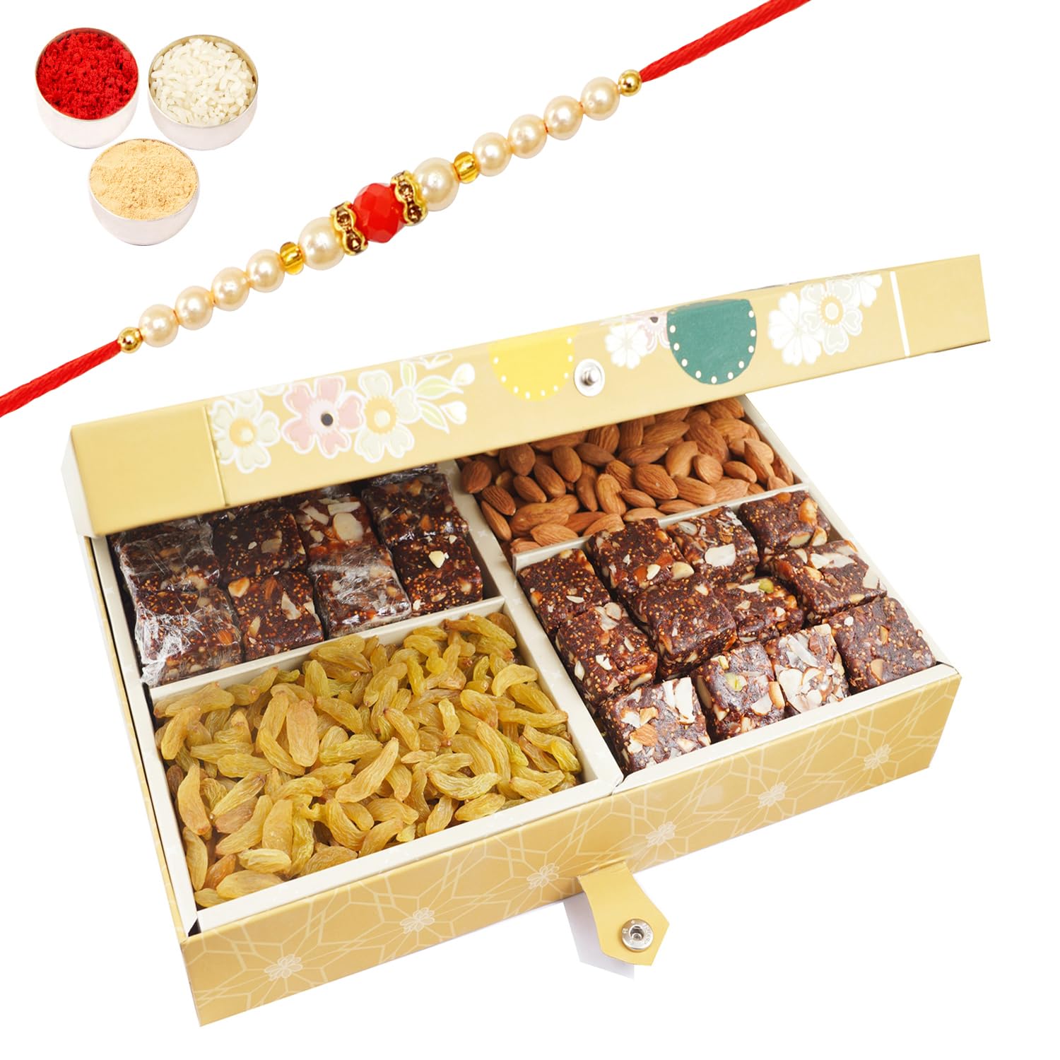 Ghasitaram Gifts Rakhi Gifts for Brothers Rakhi Dryfruit Hampers - Gold 4 Part with Almonds,Raisins, and Assorted Bites 600 GMS with 2 Rudraksh rakhis