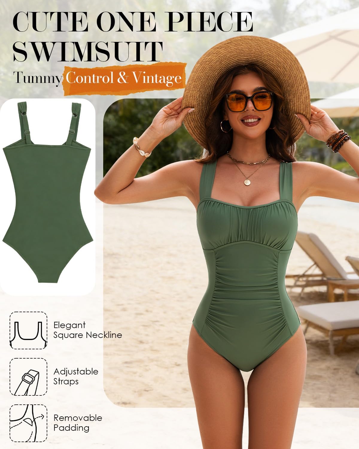 Tummy Control Women One Piece Swimsuit - 2026 Slimming Vintage Bathing Suit Square Neck Full Coverage Swimwear