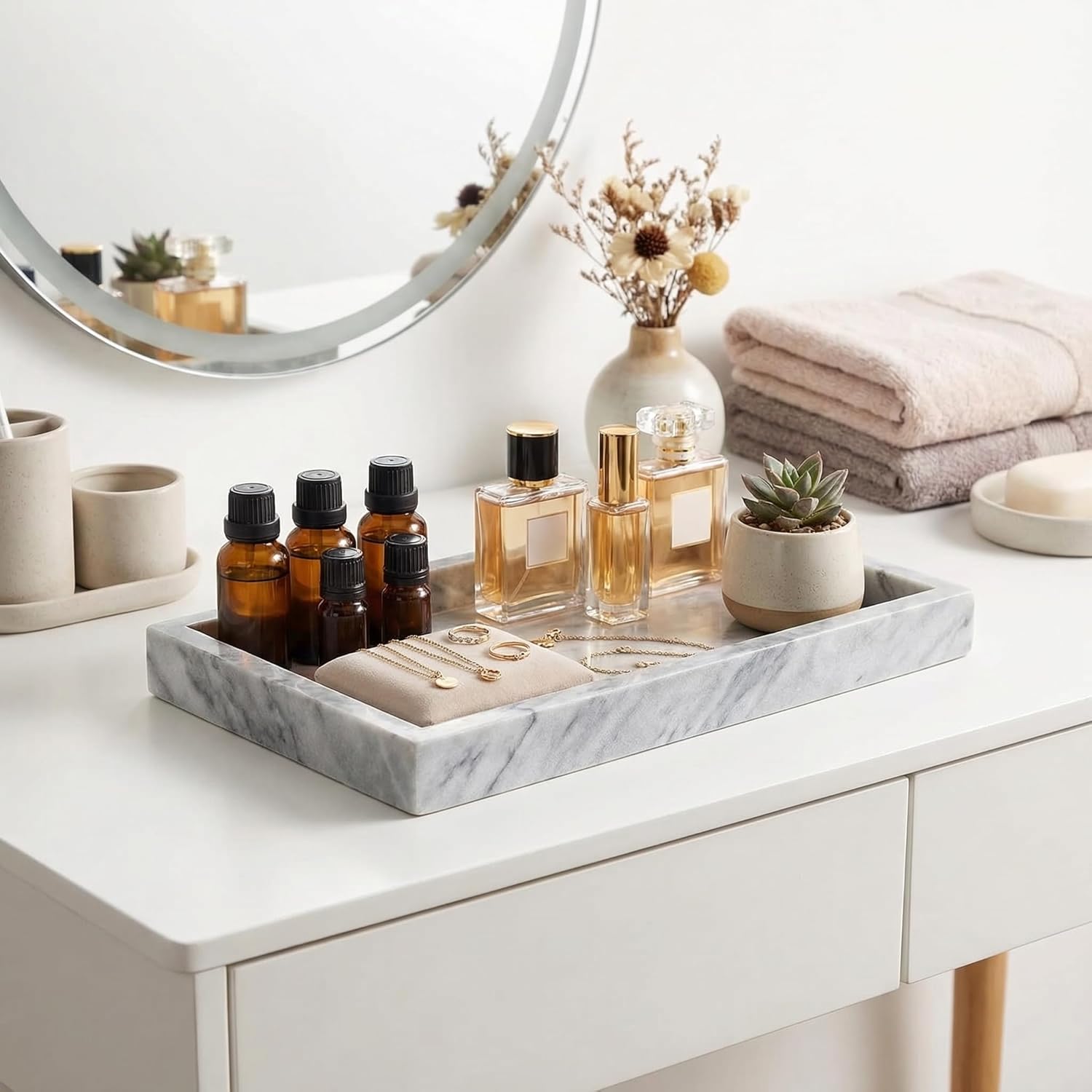 Natural Marble Rectangular Tray for Bathroom Countertop, Decorative Vanity Organizer for Jewelry, Perfume & Cosmetics, Home Decor Gift (25 * 15 * 3cm) (White)
